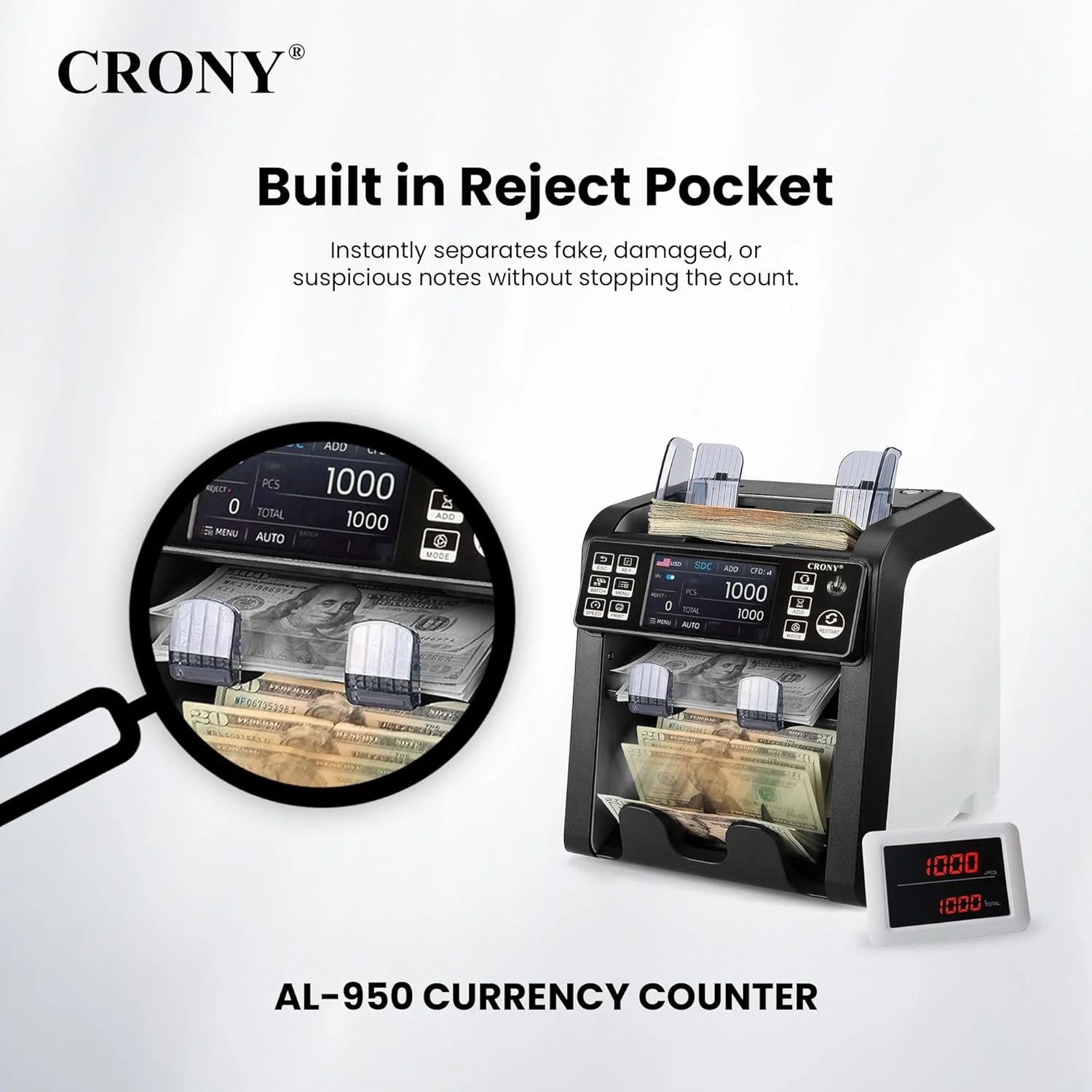 دستگاه شمارش پول CRONY مدل Bank Money Counting Machine - AL-950 2CIS/UV/MG/IR تشخیص خودکار اسکناس چند ارزی شمارنده سرعت بالا تشخیص اسکناس جعلی و آسیب دیده شمارش بدون توقف با پاکت رد دستگاه شمارش پول CRONY مدل Bank Money Counting Machine - AL-950 2CIS/UV/MG/IR تشخیص خودکار اسکناس چند ارزی شمارنده سرعت بالا تشخیص اسکناس جعلی و آسیب دیده شمارش بدون توقف با پاکت رد