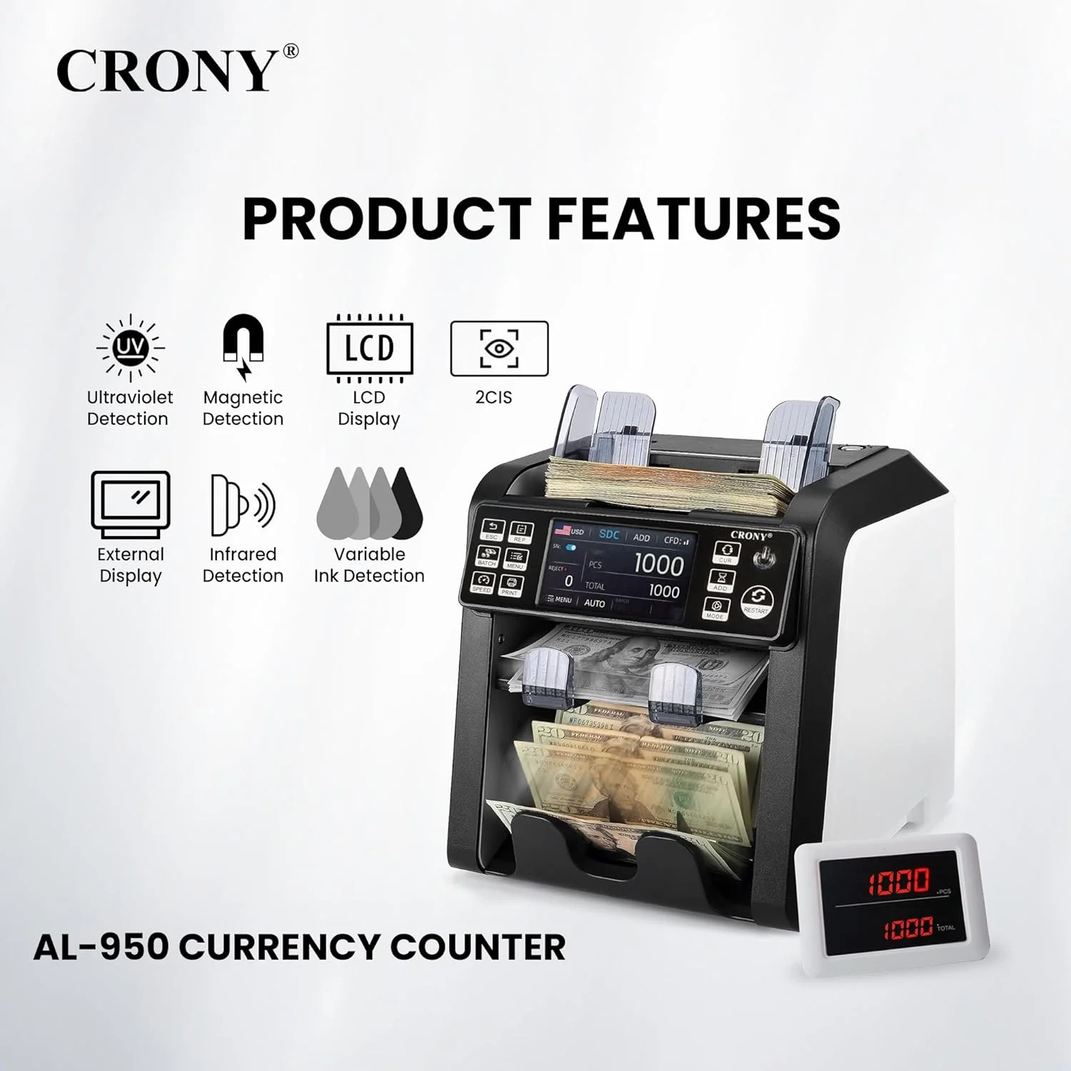 دستگاه شمارش پول CRONY مدل Bank Money Counting Machine - AL-950 2CIS/UV/MG/IR تشخیص خودکار اسکناس چند ارزی شمارنده سرعت بالا تشخیص اسکناس جعلی و آسیب دیده شمارش بدون توقف با پاکت رد دستگاه شمارش پول CRONY مدل Bank Money Counting Machine - AL-950 2CIS/UV/MG/IR تشخیص خودکار اسکناس چند ارزی شمارنده سرعت بالا تشخیص اسکناس جعلی و آسیب دیده شمارش بدون توقف با پاکت رد