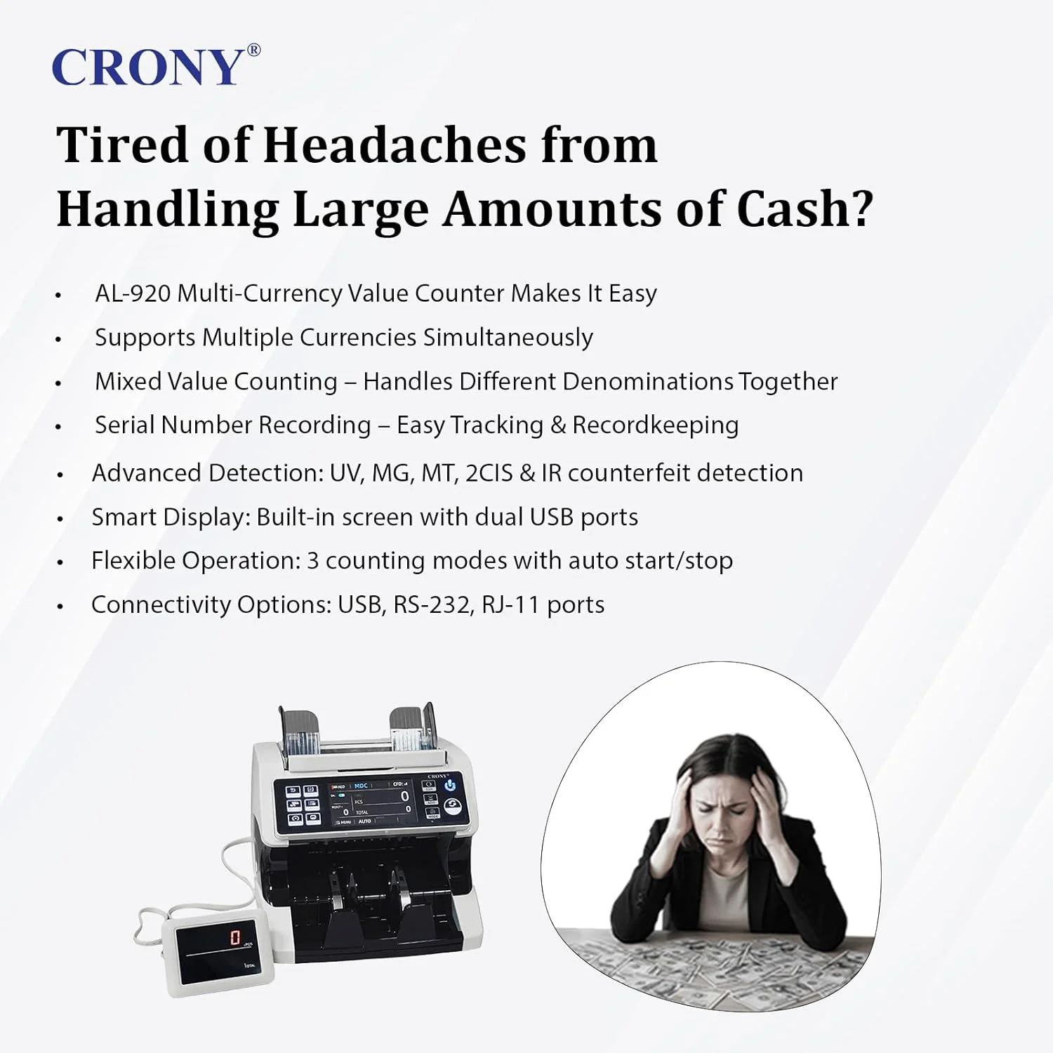 دستگاه شمارشگر پول CRONY Bank - AL-920 شمارشگر ارزهای مختلف 30+ ارز شمارش اسکناس مختلط درهم، ریال، دلار، یورو، 2CIS UV IR MG MT تشخیص اسکناس تقلبی، سازگار با چاپگر شماره سریال دستگاه شمارشگر پول CRONY Bank - AL-920 شمارشگر ارزهای مختلف 30+ ارز شمارش اسکناس مختلط درهم، ریال، دلار، یورو، 2CIS UV IR MG MT تشخیص اسکناس تقلبی، سازگار با چاپگر شماره سریال