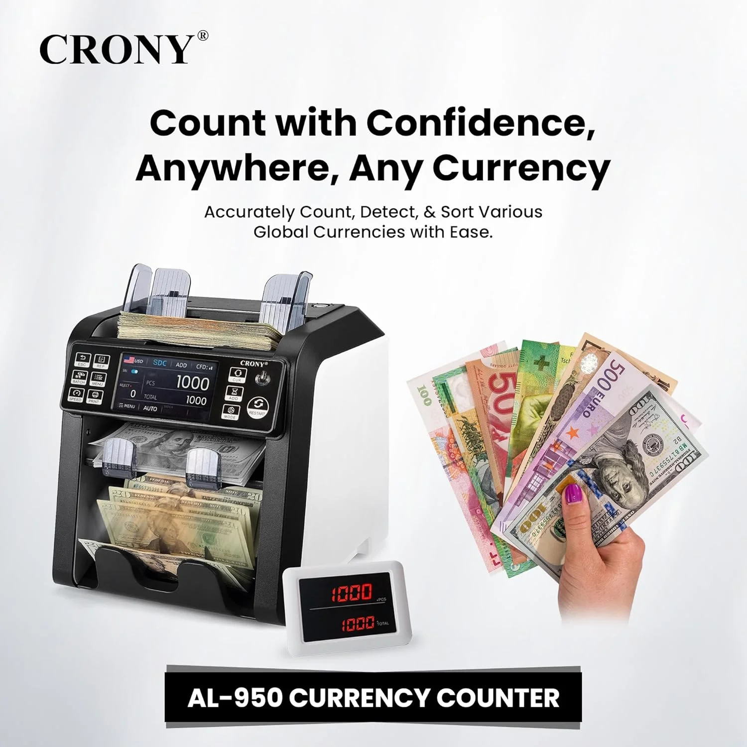 دستگاه شمارش پول CRONY مدل Bank Money Counting Machine - AL-950 2CIS/UV/MG/IR تشخیص خودکار اسکناس چند ارزی شمارنده سرعت بالا تشخیص اسکناس جعلی و آسیب دیده شمارش بدون توقف با پاکت رد دستگاه شمارش پول CRONY مدل Bank Money Counting Machine - AL-950 2CIS/UV/MG/IR تشخیص خودکار اسکناس چند ارزی شمارنده سرعت بالا تشخیص اسکناس جعلی و آسیب دیده شمارش بدون توقف با پاکت رد