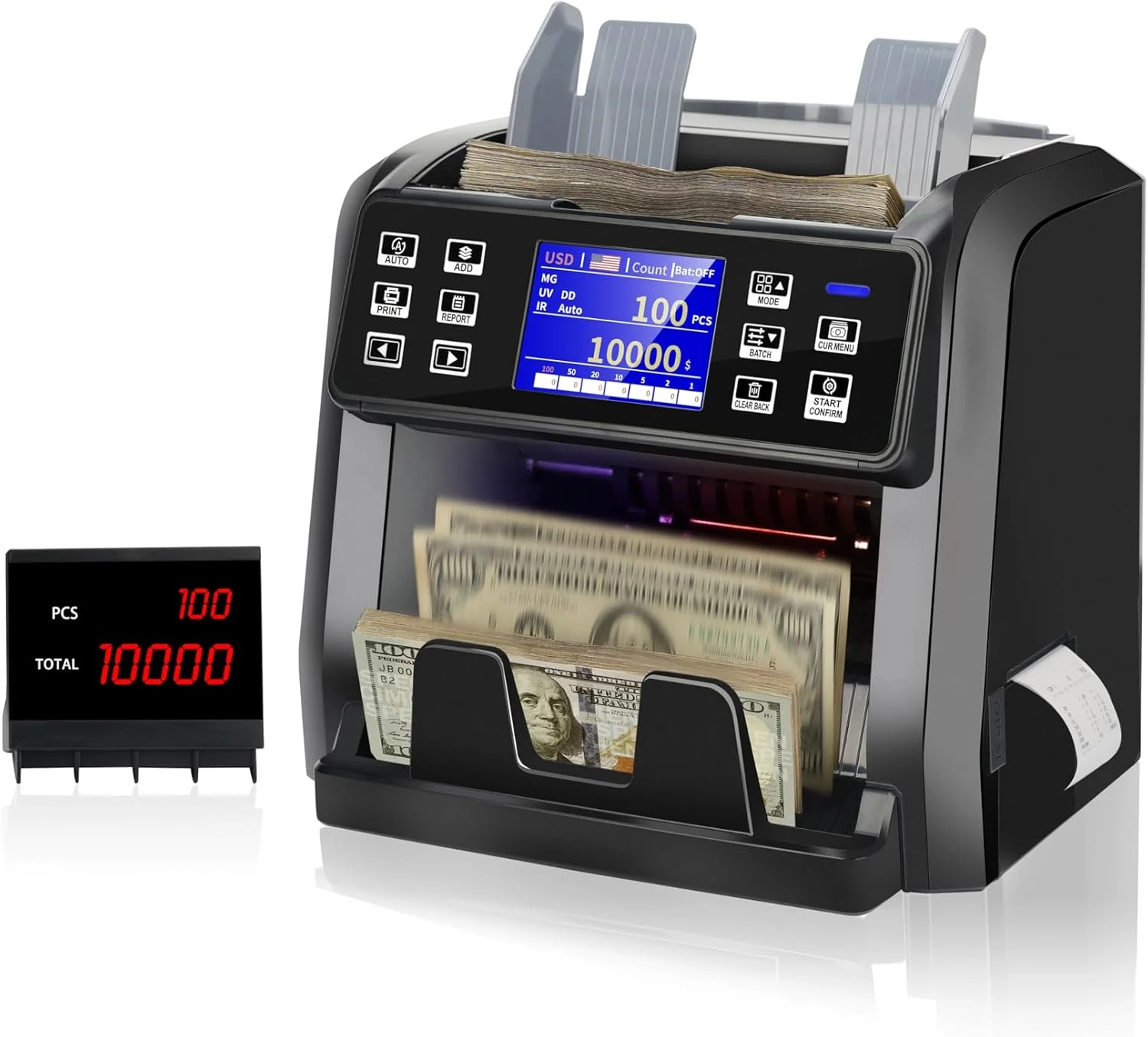 دستگاه شمارش پول CRONY مدل Bank Money Counting Machine - P96 تشخیص چند ارزی AED/SAR/USD/EUR شمارش ارزش ترکیبی، شمارش مرتب سازی، شمارش قطعه، چاپگر داخلی، صفحه نمایش LCD با دکمه های لمسی سرعت بالا 1500PCS/MIN