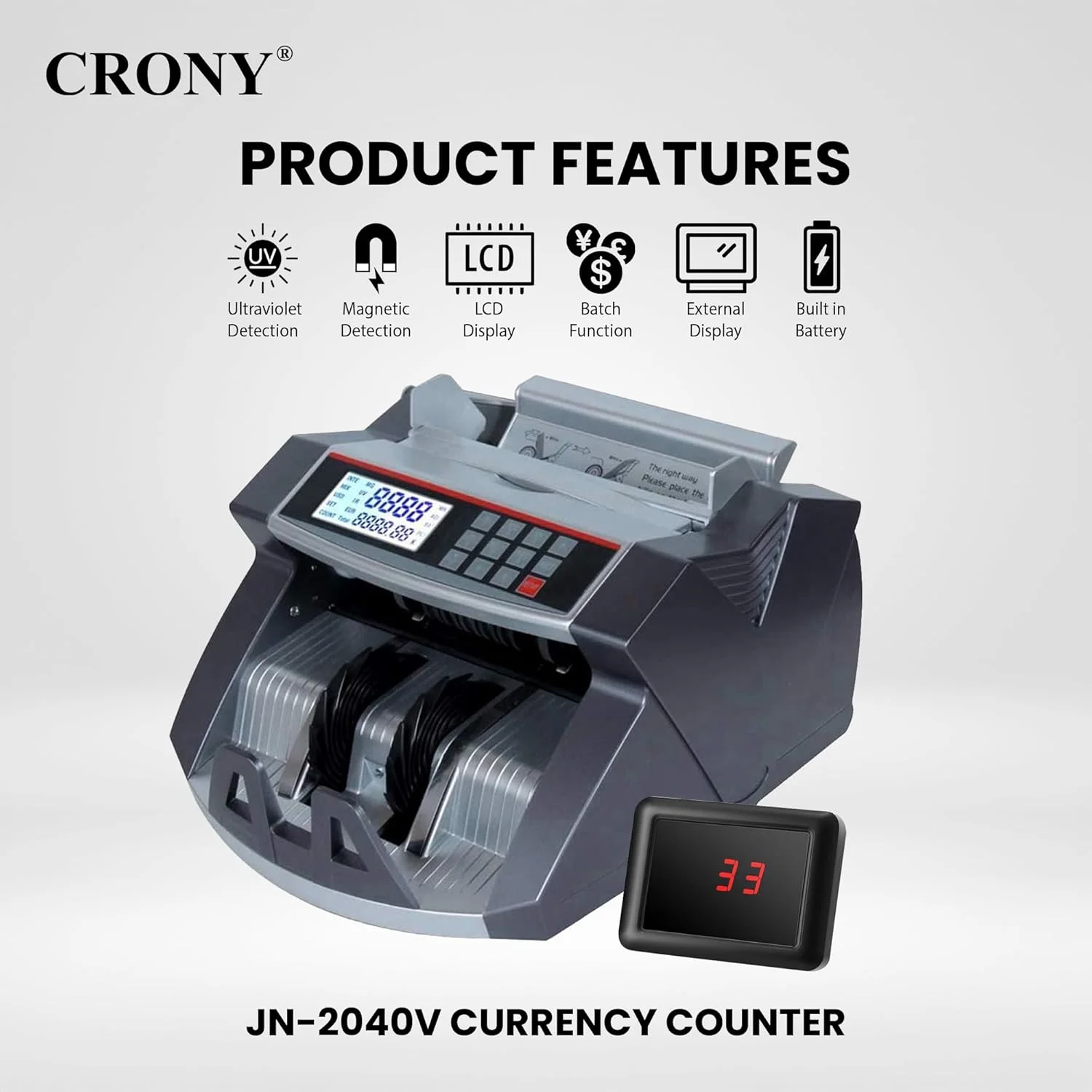 دستگاه شمارش پول CRONY - JN-2040V دستگاه شمارش اسکناس قابل حمل چند ارزی، دستگاه تشخیص اسکناس تقلبی AED SAR USD EUR با UV MG، دستگاه شمارش اسکناس با صفحه نمایش LCD 1000 عدد در دقیقه دستگاه شمارش پول CRONY - JN-2040V دستگاه شمارش اسکناس قابل حمل چند ارزی، دستگاه تشخیص اسکناس تقلبی AED SAR USD EUR با UV MG، دستگاه شمارش اسکناس با صفحه نمایش LCD 1000 عدد در دقیقه