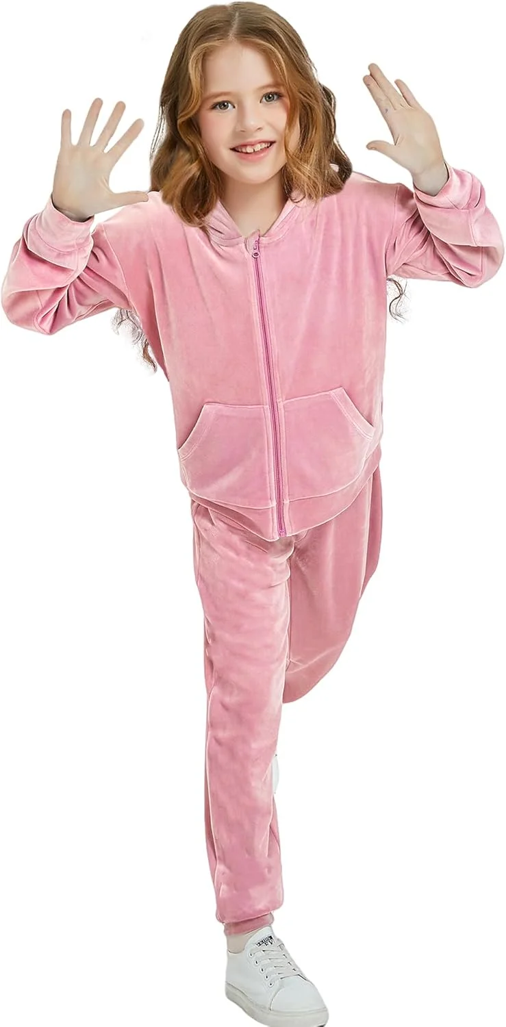 ست لباس ورزشی دخترانه Woolicity، ست مخمل، شامل هودی زیپ‌دار و شلوار، لباس ورزشی مناسب دویدن، 2 تکه