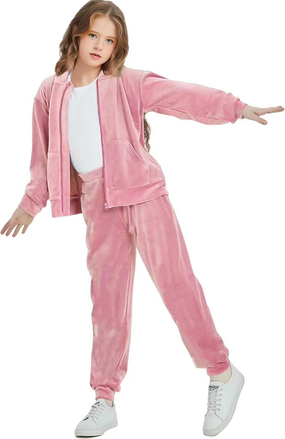 ست لباس ورزشی دخترانه Woolicity، ست مخمل، شامل هودی زیپ‌دار و شلوار، لباس ورزشی مناسب دویدن، 2 تکه