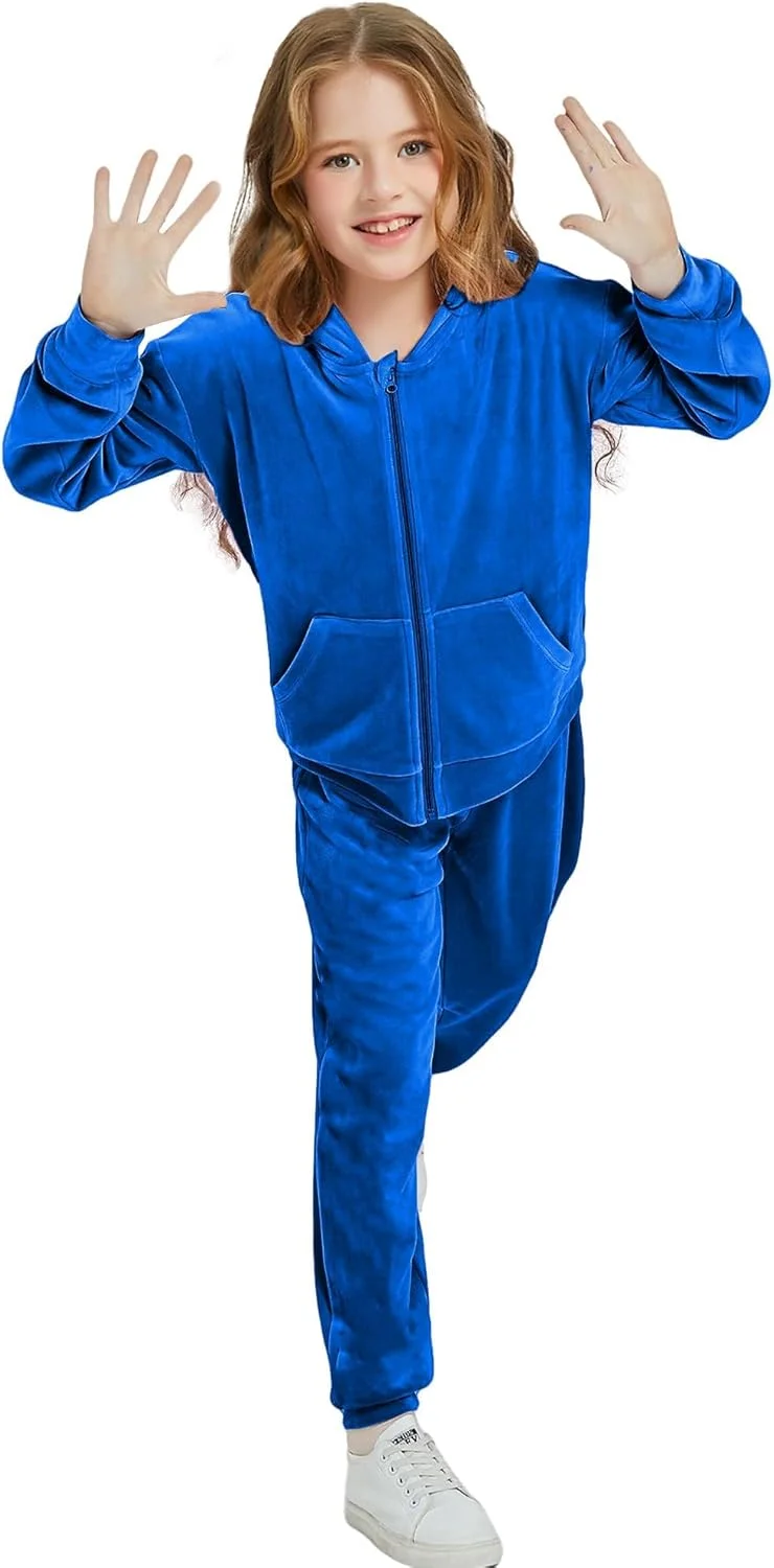 ست لباس ورزشی دخترانه Woolicity، گرمکن مخملی، ست 2 تکه، هودی زیپ دار و شلوار، لباس ورزشی، ست دویدن