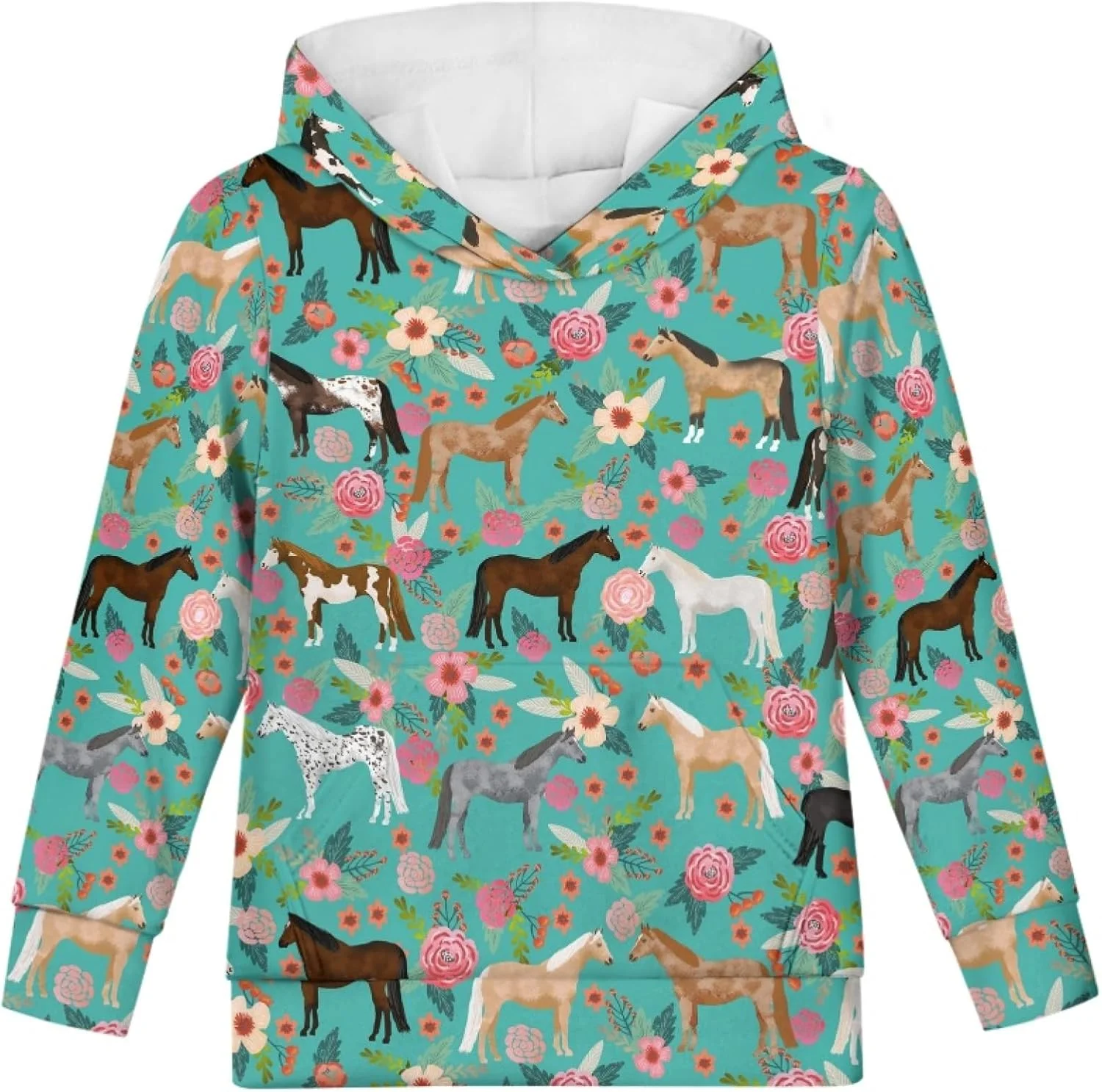 هودی دخترانه WELLFLYHOM با طرح اسب، مناسب سنین 6 و 7 سال، دارای بند کشی، بلوزهای گرمکن مد روز برای نوجوانان با جیب، آستین بلند، پولور ورزشی با تاپ های سویشرت کلاه دار، گلدار رنگارنگ فیروزه ای