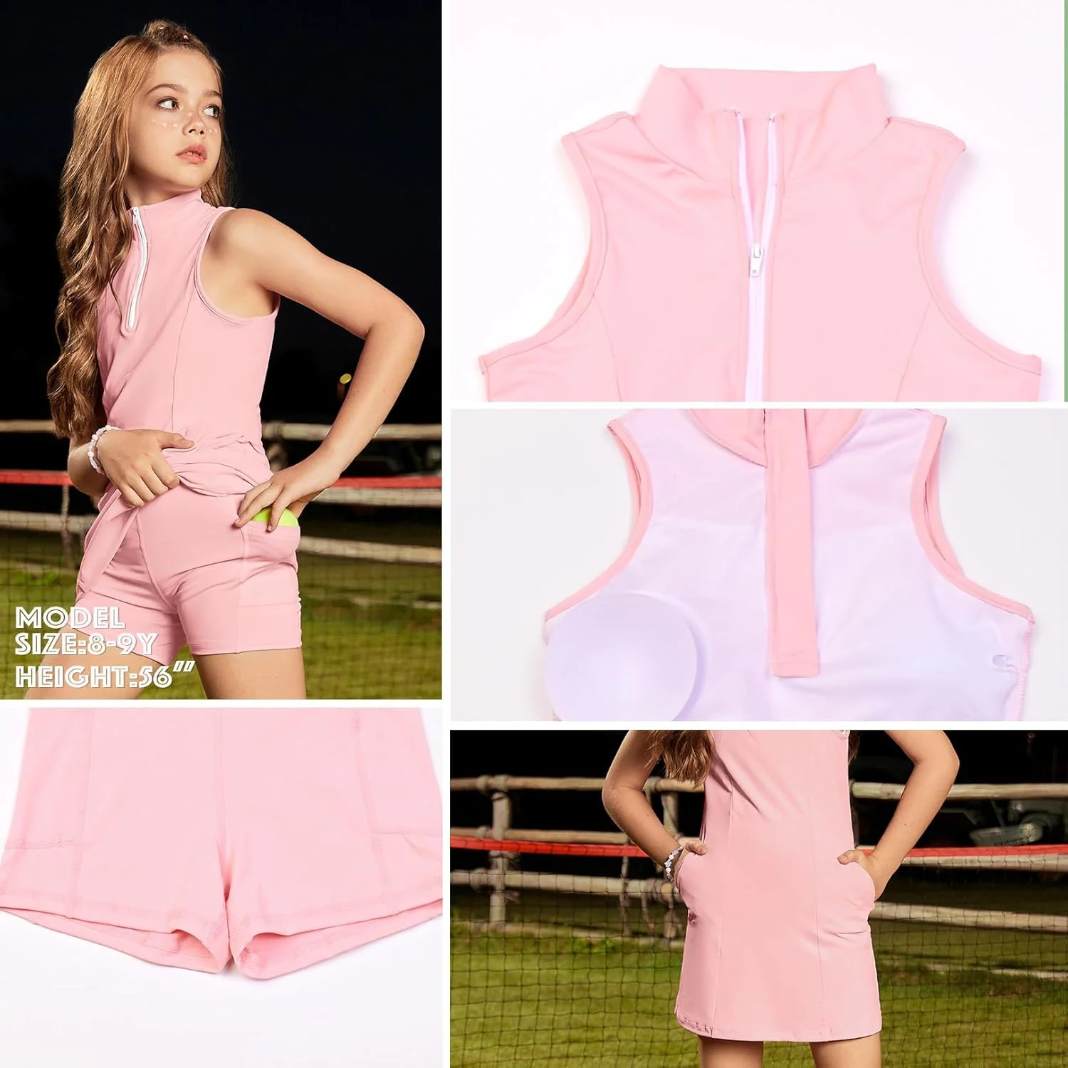 پیراهن تنیس دخترانه Perfashion، لباس گلف زیپ دار 1/4، دارای سوتین و شورت داخلی، لباس ورزشی تمرینی و جیب دار، مناسب 4 تا 13 سال