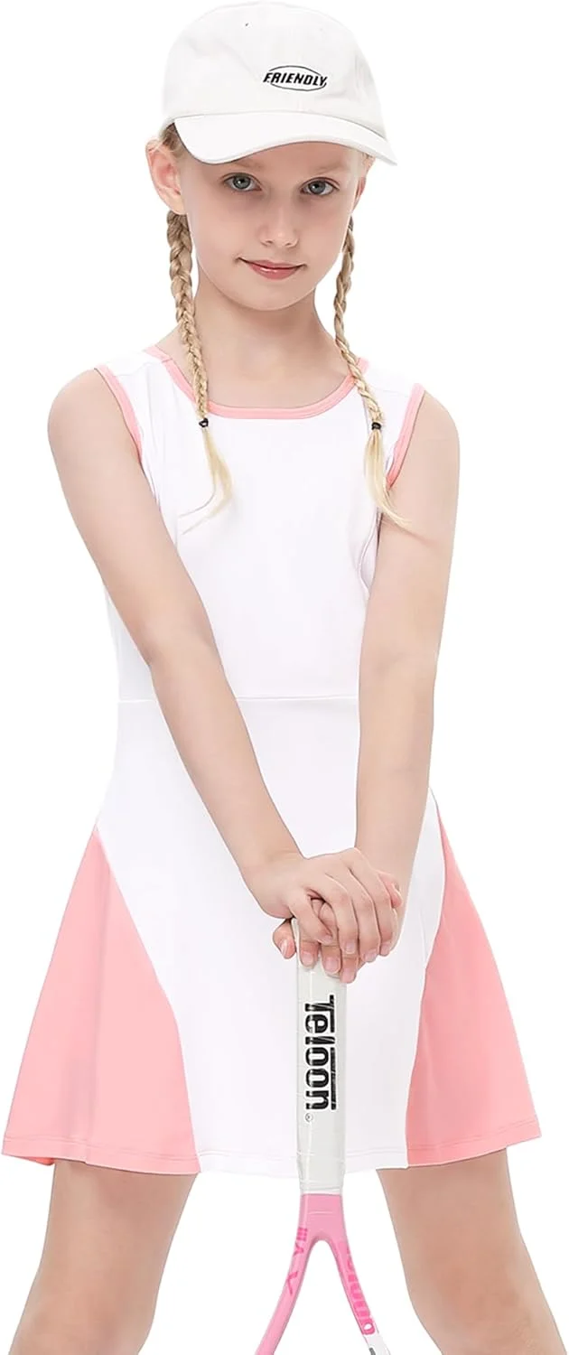 لباس ورزشی دخترانه بدون آستین LIONJIE، مناسب تنیس و گلف، ست دامن پلیسه دار ورزشی با شورت و جیب داخلی، سایز 3 تا 12 سال