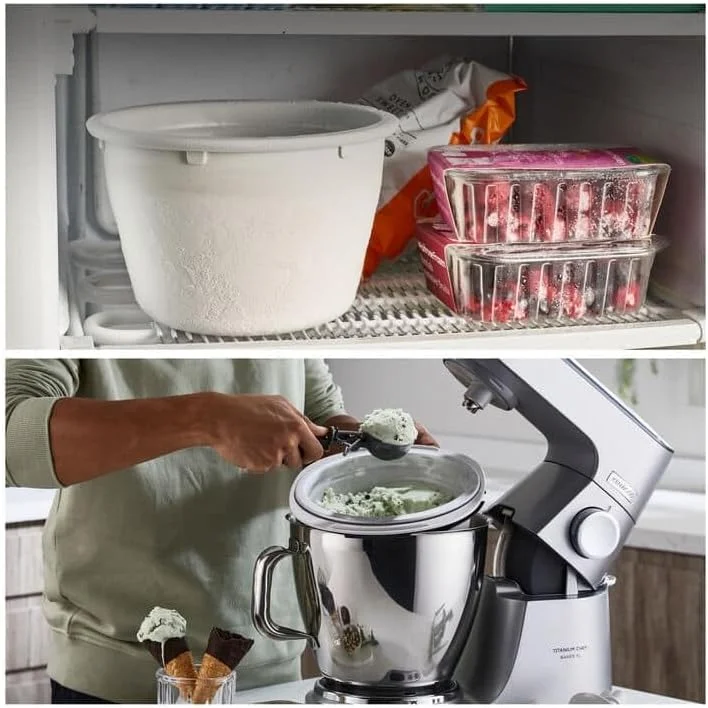 دستگاه بستنی ساز و دسر یخ زده کنوود Glacier مدل KAX71.000WH، مناسب برای تهیه سوربت و ماست یخ زده، قابل اتصال به غذاسازهای Chef، ظرفیت 1 لیتر، پلاستیکی، سفید