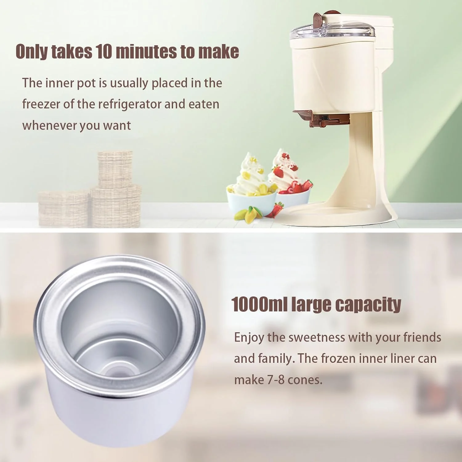 دستگاه بستنی ساز نرم KEPFITESE، آشپزخانه خانگی DIY، تولید سریع 10 دقیقه ای، دستگاه بستنی ساز میوه ای نرم، برای تهیه بستنی های میوه ای، طعم های مختلف بستنی (سفید، 220 ولت، 1000 میلی لیتر)