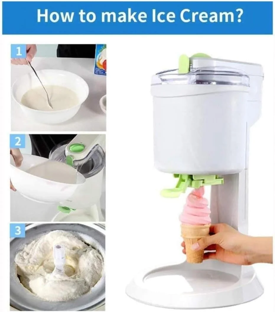 دستگاه بستنی ساز 1 لیتری 15 وات، دستگاه کلاسیک و اصلی برای تهیه دسر سالم، بستنی میوه ای نرم، بستنی یخی، ژلاتو نرم، اسموتی، یخ در بهشت، ماست منجمد بدون لبنیات، موز، آناناس، انواع توت ها