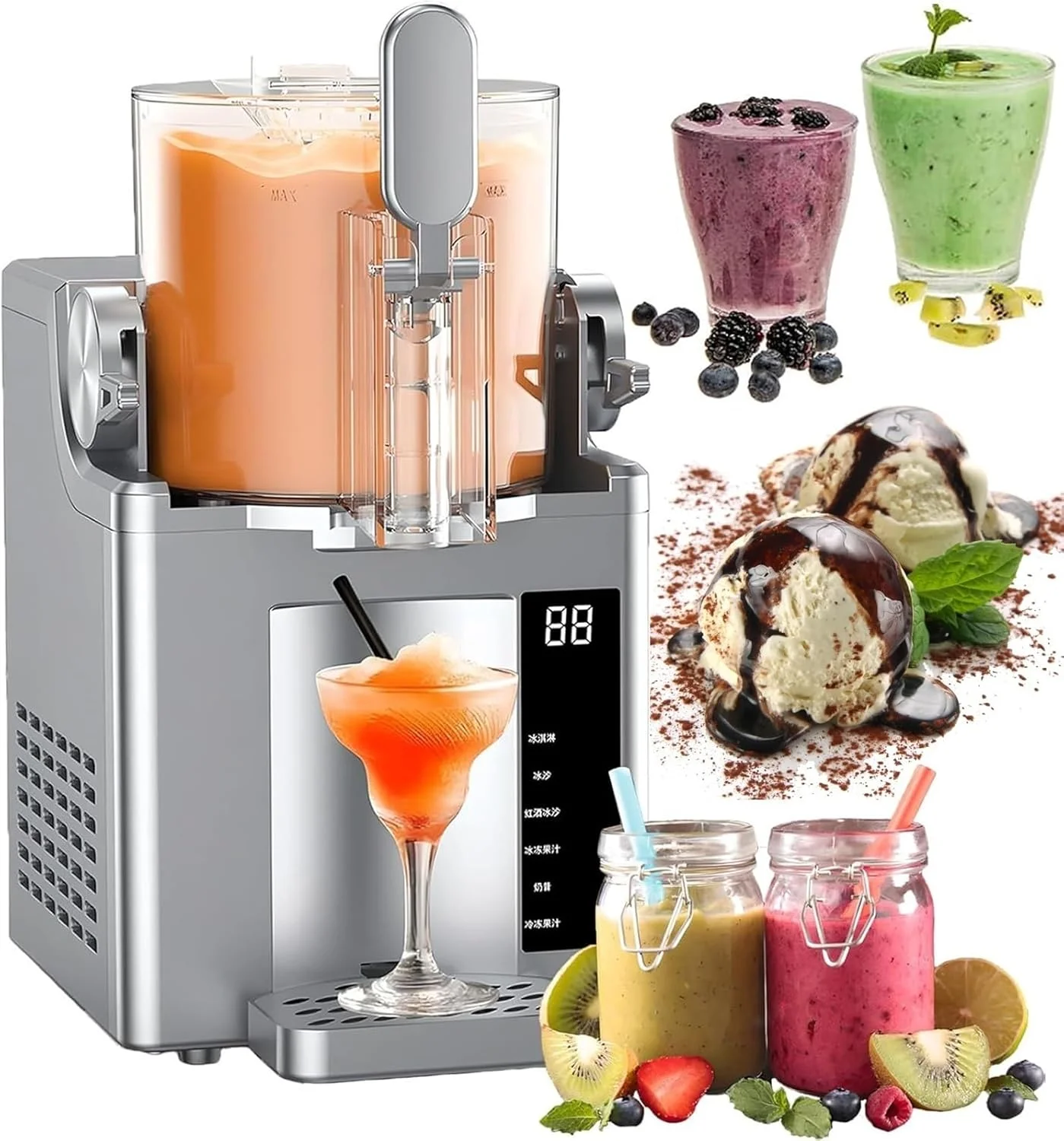 دستگاه یخ در بهشت ساز تجاری، دستگاه بستنی ساز نرم، دستگاه یخمک ساز 2 لیتری، دستگاه تهیه نوشیدنی خنک کننده منجمد، بدون نیاز به یخ، 5 برنامه از پیش تعیین شده، تمیز کردن آسان برای خانه، کافه ها، رستوران ها، آبمیوه، بار