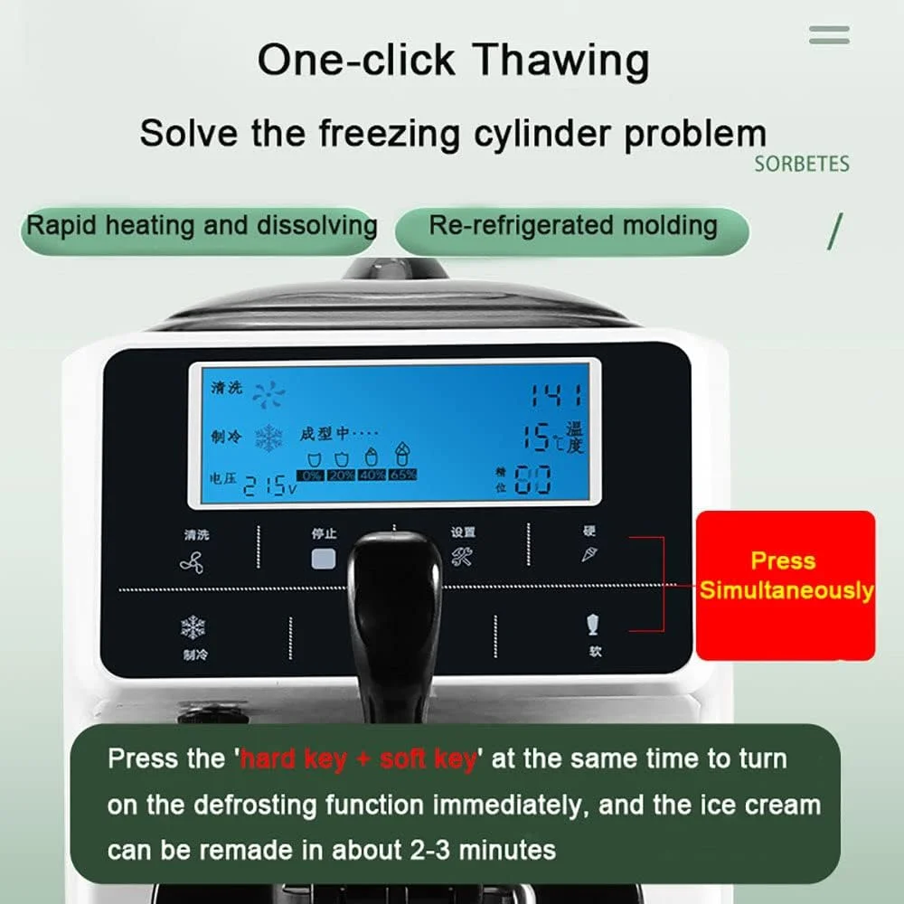 دستگاه بستنی ساز تجاری، دستگاه بستنی ساز اتوماتیک نرم و سخت با کمپرسور 1150 واتی، صفحه نمایش LCD، تولید 16 لیتر در ساعت، کم صدا، صرفه جویی در انرژی، برای کافه ها، رستوران ها، بوفه ها و غیره.