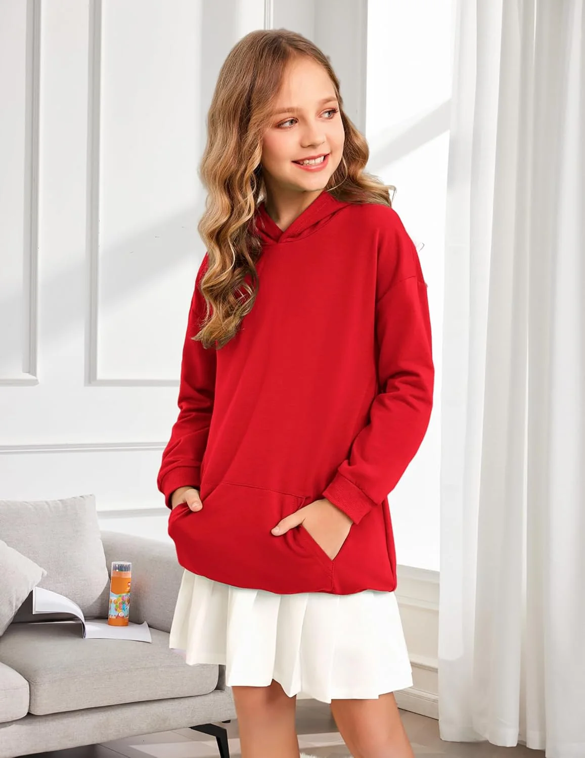 هودی دخترانه آرشینر، پلیور بلند کلاه دار بچه گانه با جیب کانگورویی