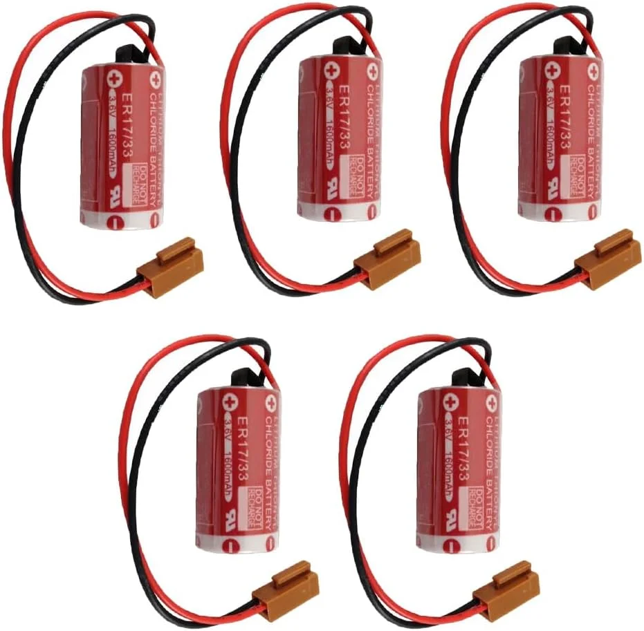JINGMM بسته 5 عددی باتری ER17/33 3.6V 1600mAh 2/3A PLC غیر قابل شارژ برای کنترل صنعتی با پلاگ قهوه ای