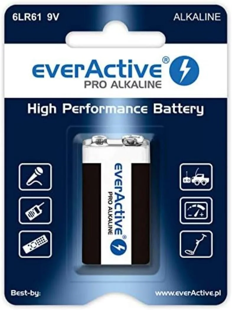 باتری کتابی 9 ولت EverActive یک عددی Pro Alkaline Block 6LR61 6F22 با بالاترین عملکرد و ماندگاری 5 ساله - بسته بندی تکی