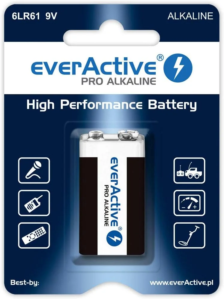 باتری کتابی 9 ولت EverActive یک عددی Pro Alkaline Block 6LR61 6F22 با بالاترین عملکرد و ماندگاری 5 ساله - بسته بندی تکی