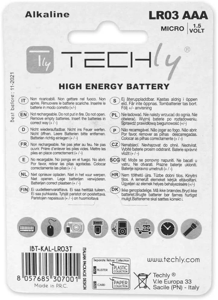 باتری آلکالاین Techly LR03 AAA 1.5V - باتری ها (آلکالاین، استوانه ای، AAA، چندتایی، بلیستر)