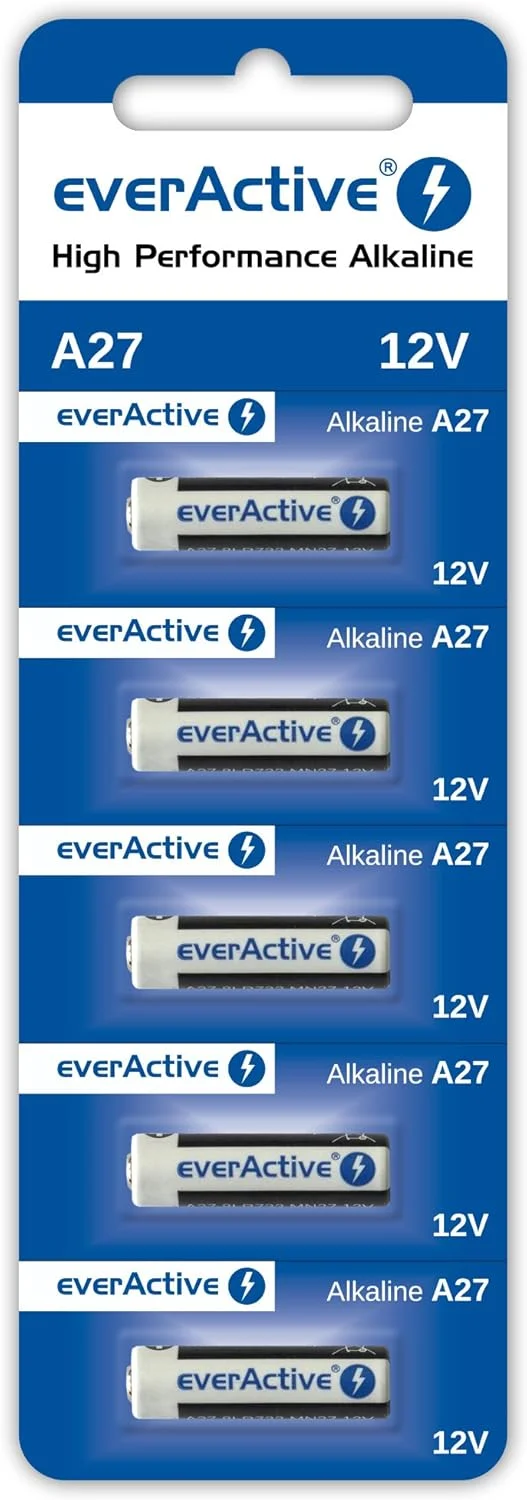 باتری آلکالاین EverActive A27 12V بسته 5 عددی، باتری با ظرفیت بالا 27A LR27A MN27 L828 با ماندگاری 4 سال - بسته 5 عددی در یک کارت بلیستر