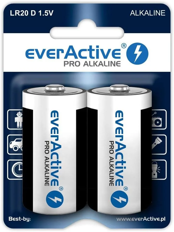 باتری قلمی بزرگ (D) آلکالاین everActive مدل Pro بسته 2 عددی LR20 R20 1.5V با بالاترین عملکرد و ماندگاری 10 ساله - 1 کارت بلیستر