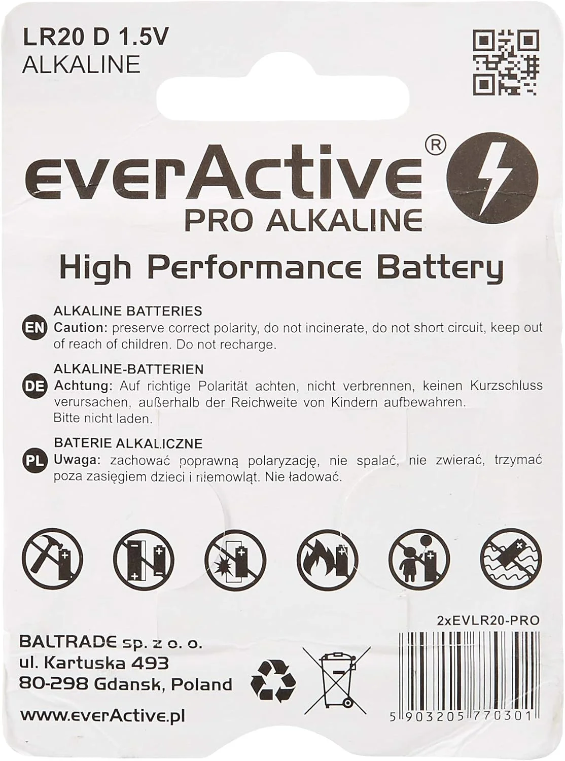 باتری قلمی بزرگ (D) آلکالاین everActive مدل Pro بسته 2 عددی LR20 R20 1.5V با بالاترین عملکرد و ماندگاری 10 ساله - 1 کارت بلیستر