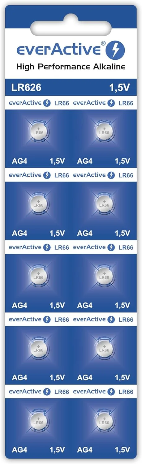 باتری آلکالاین everActive AG4 1.5 ولت، 10 عدد، مینی، G4 LR626 LR66، ماندگاری 5 ساله، بسته 10 عددی - 1 کارت بلیستر