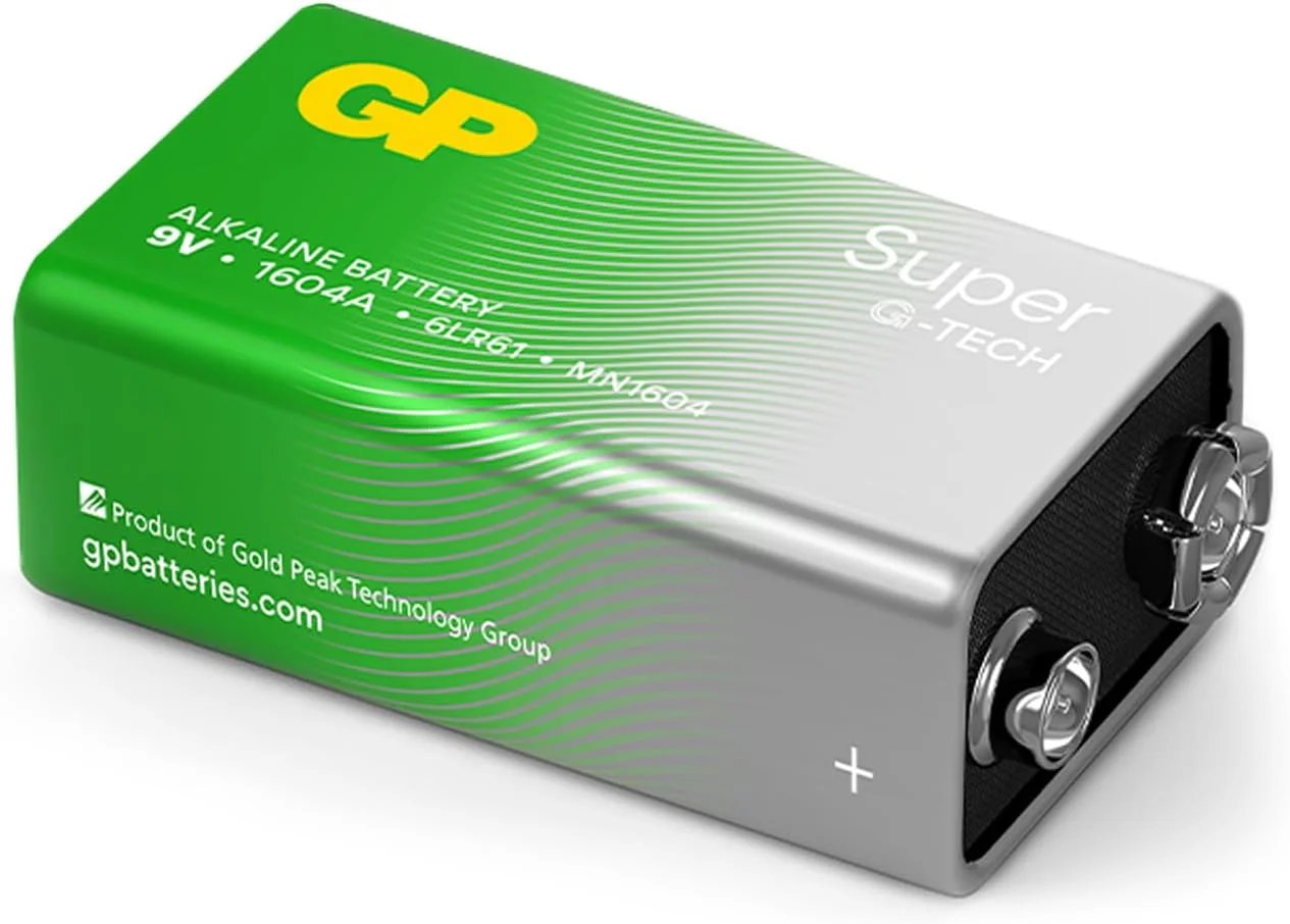 باتری کتابی آلکالاین 9 ولت GP Super، باتری کتابی 6LR61 9 ولت، با چگالی انرژی بالا، فناوری G-TECH Longlife، بسته 1 عددی
