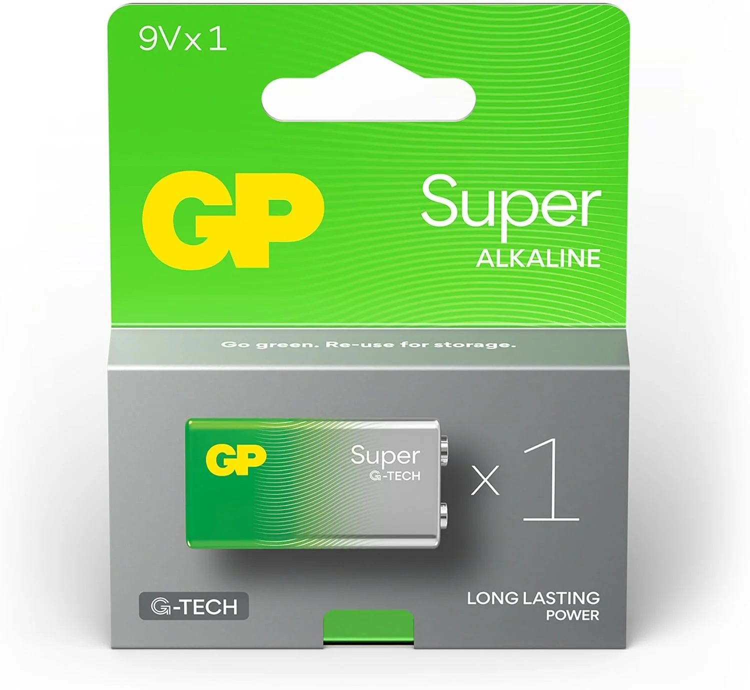 باتری کتابی آلکالاین 9 ولت GP Super، باتری کتابی 6LR61 9 ولت، با چگالی انرژی بالا، فناوری G-TECH Longlife، بسته 1 عددی