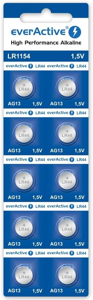 باتری آلکالاین دکمه ای EverActive AG13 1.5V بسته 10 عددی، مینی G13 LR1154 LR44 با ماندگاری 4 ساله