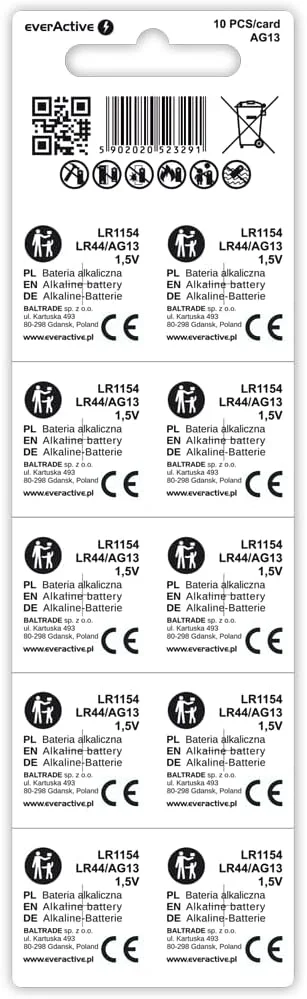 باتری آلکالاین دکمه ای EverActive AG13 1.5V بسته 10 عددی، مینی G13 LR1154 LR44 با ماندگاری 4 ساله
