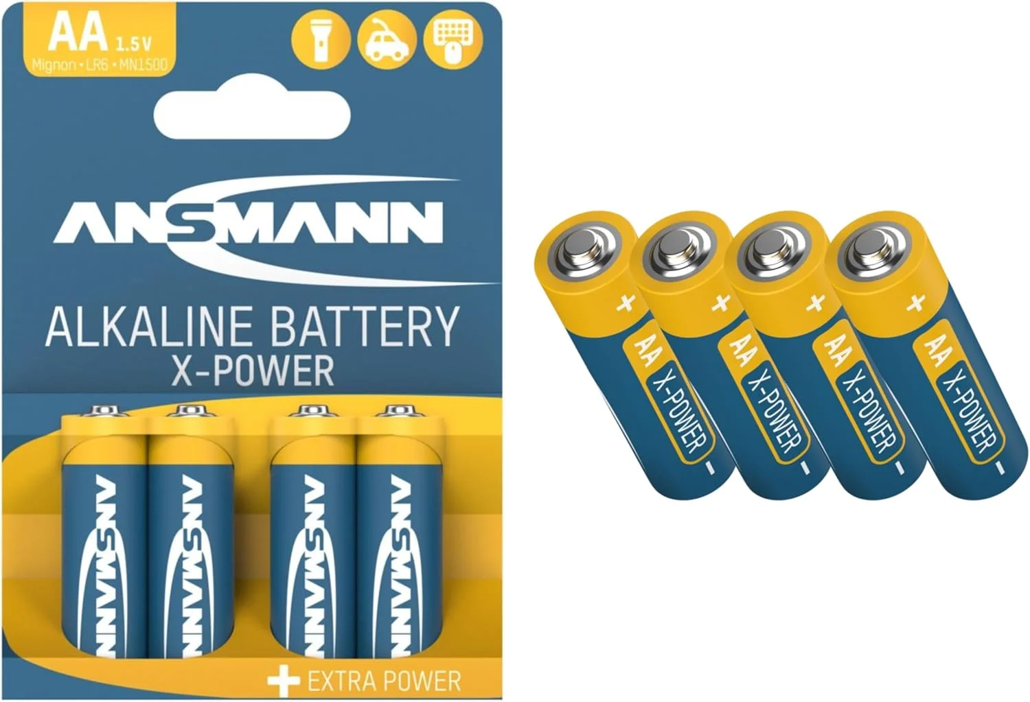بسته 4 عددی باتری قلمی آلکالاین صنعتی AA LR6 / نیم قلمی AAA LR03 1.5 ولت X Power حسنات Essentials انسمان، بسته بندی بلیستر زرد رنگ با ماندگاری 7 سال، مناسب دوربین، تجهیزات پزشکی، چراغ قوه، کمپینگ و کنترلر (قلمی AA)