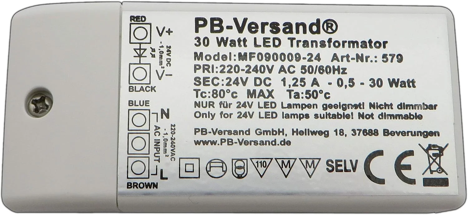 ترانسفورماتور مینی لامپ LED PB-Versand، 24 ولت DC، 30 وات (H20mm)، منبع تغذیه DC، درایور ترانسفورماتور