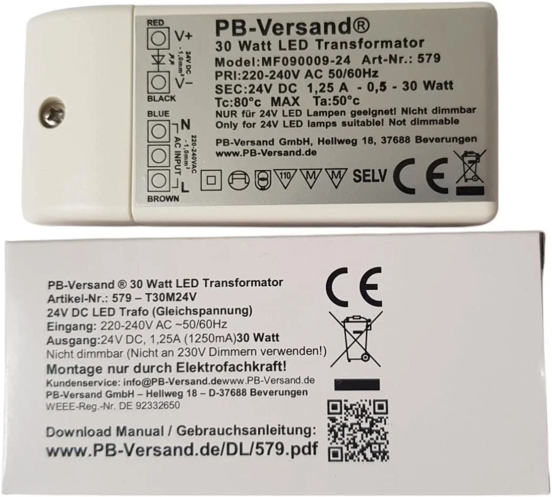 ترانسفورماتور مینی لامپ LED PB-Versand، 24 ولت DC، 30 وات (H20mm)، منبع تغذیه DC، درایور ترانسفورماتور