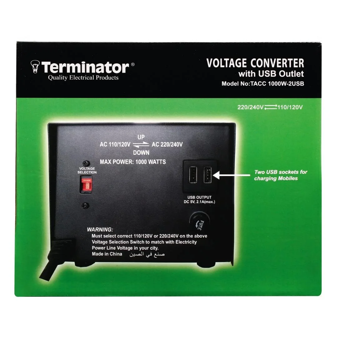 ترانسفورماتور افزاینده و کاهنده ولتاژ 1000 وات ترمیناتور | 2 پریز جهانی | دوشاخه UK 13A | نشانگر LED | کلید روشن/خاموش | آداپتور مسافرتی | با/بدون USB (با USB – TACC 1000W-2USB)