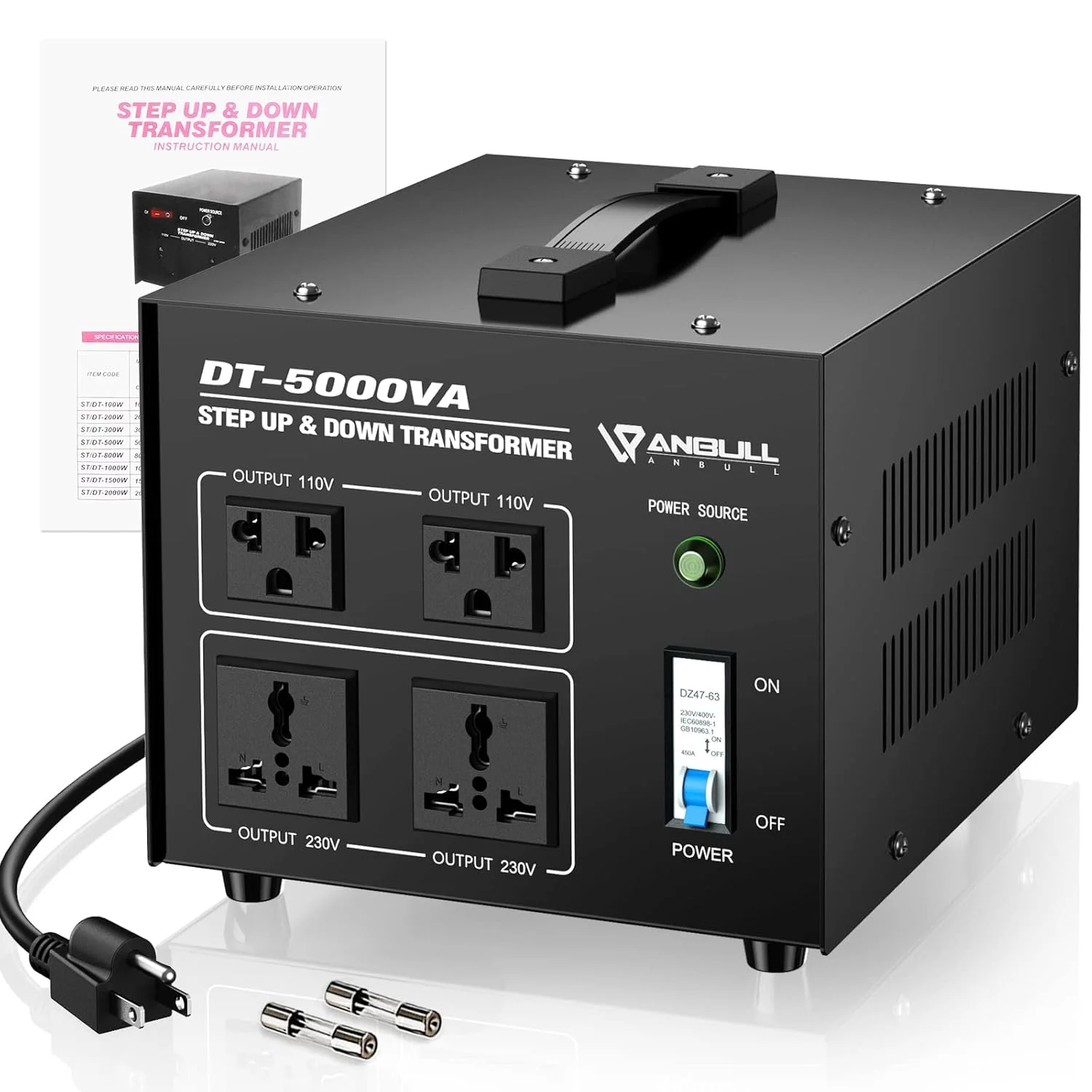 ترانسفورماتور ولتاژ 5000 واتی Anbull، مبدل برق AC 110V/120V/220V/240V - افزاینده/کاهنده سنگین، دارای گواهینامه CE، 4 پریز AC، بدنه فلزی