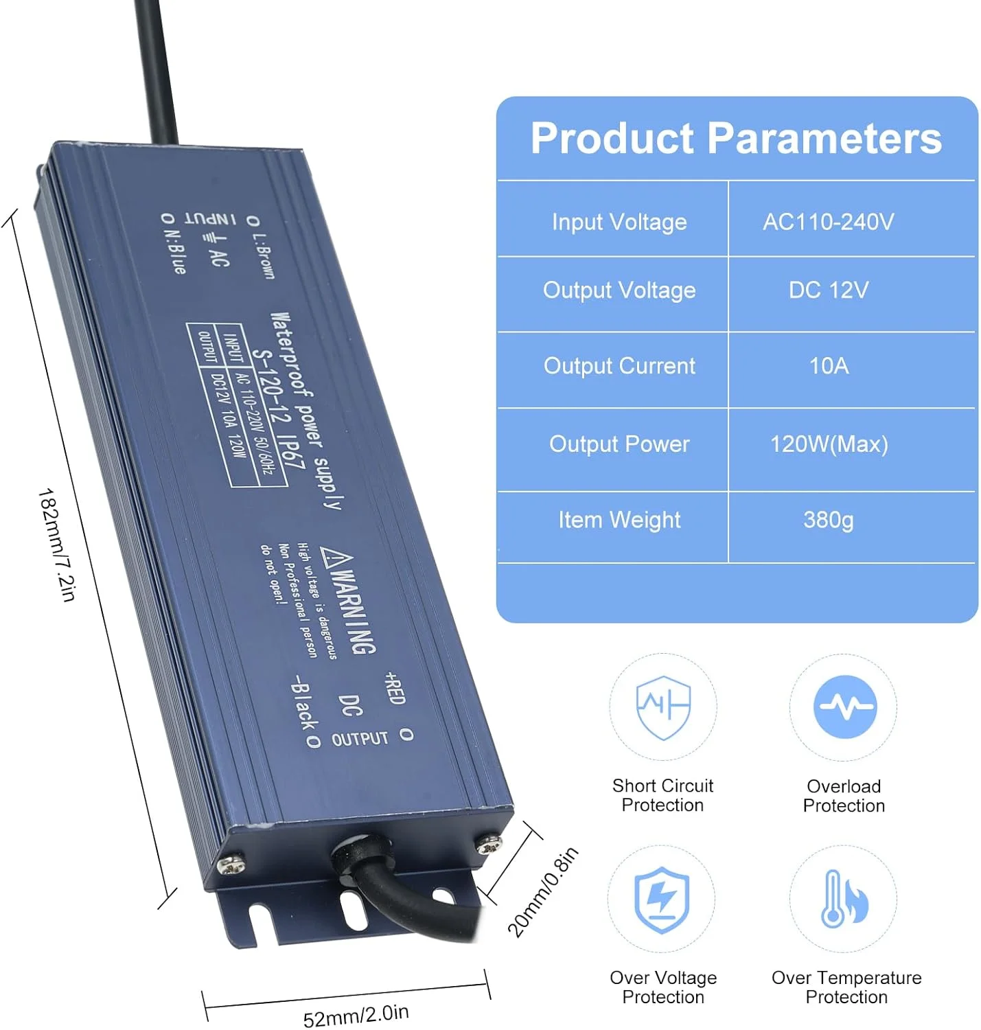 منبع تغذیه درایور LED ضد آب Irovami IP67 آداپتور ترانسفورماتور AC به خروجی ولتاژ ثابت 120 وات برای نوار نور LED تابلوی علامت جعبه نور در فضای باز