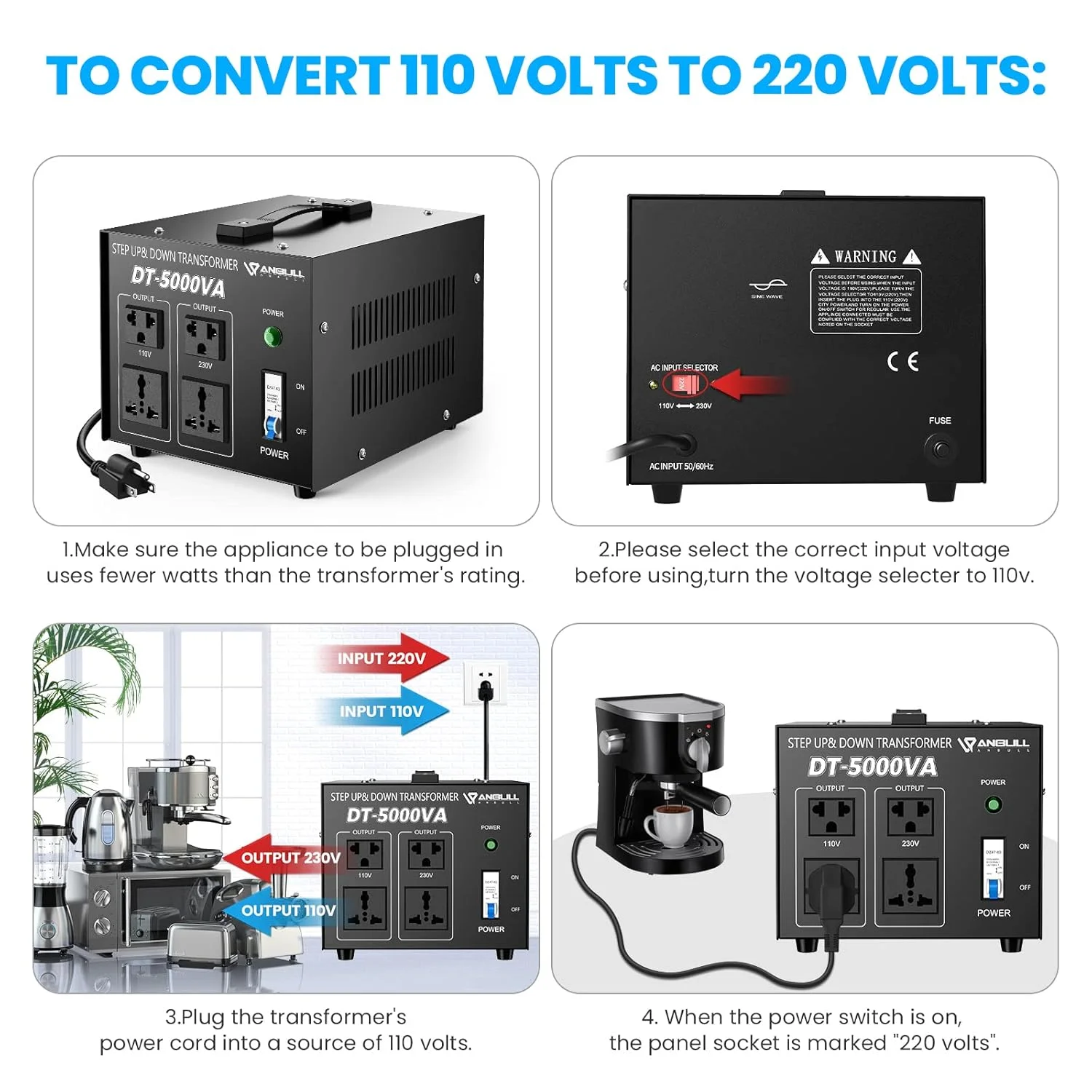 ترانسفورماتور ولتاژ 5000 واتی Anbull، مبدل برق AC 110V/120V/220V/240V - افزاینده/کاهنده سنگین، دارای گواهینامه CE، 4 پریز AC، بدنه فلزی ترانسفورماتور ولتاژ 5000 واتی Anbull، مبدل برق AC 110V/120V/220V/240V - افزاینده/کاهنده سنگین، دارای گواهینامه CE، 4 پریز AC، بدنه فلزی
