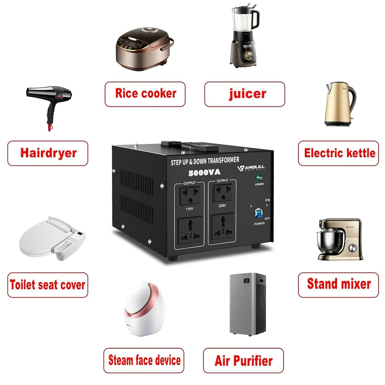 ترانسفورماتور ولتاژ 5000 واتی Anbull، مبدل برق AC 110V/120V/220V/240V - افزاینده/کاهنده سنگین، دارای گواهینامه CE، 4 پریز AC، بدنه فلزی ترانسفورماتور ولتاژ 5000 واتی Anbull، مبدل برق AC 110V/120V/220V/240V - افزاینده/کاهنده سنگین، دارای گواهینامه CE، 4 پریز AC، بدنه فلزی