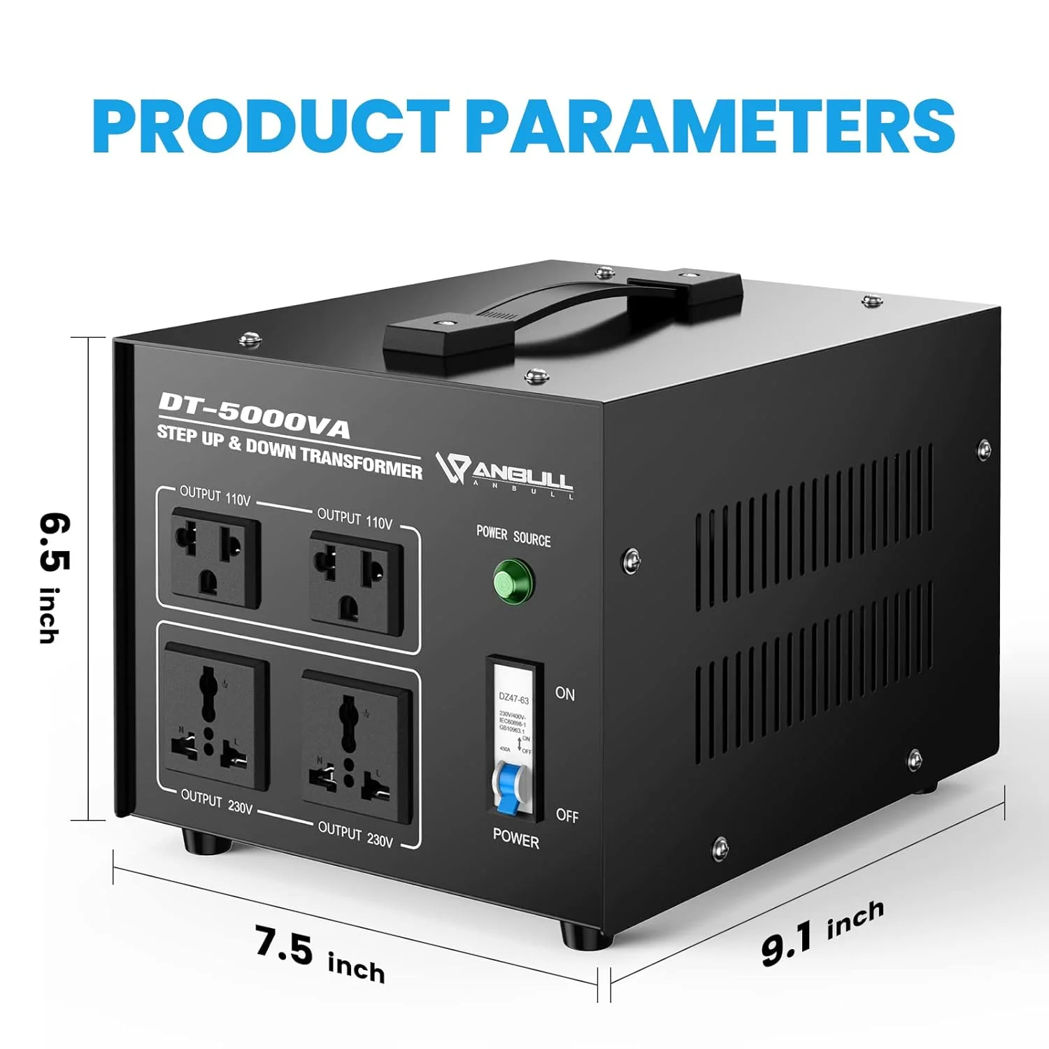 ترانسفورماتور ولتاژ 5000 واتی Anbull، مبدل برق AC 110V/120V/220V/240V - افزاینده/کاهنده سنگین، دارای گواهینامه CE، 4 پریز AC، بدنه فلزی ترانسفورماتور ولتاژ 5000 واتی Anbull، مبدل برق AC 110V/120V/220V/240V - افزاینده/کاهنده سنگین، دارای گواهینامه CE، 4 پریز AC، بدنه فلزی