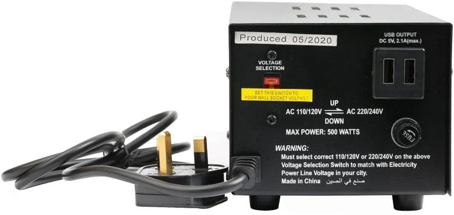 مبدل ولتاژ 500 وات ترمیناتور با 2 پورت USB | ترانسفورماتور AC افزاینده و کاهنده | دوشاخه 3 پین UK | 2 پریز جهانی | نشانگر LED | کلید روشن/خاموش | آداپتور برق مسافرتی