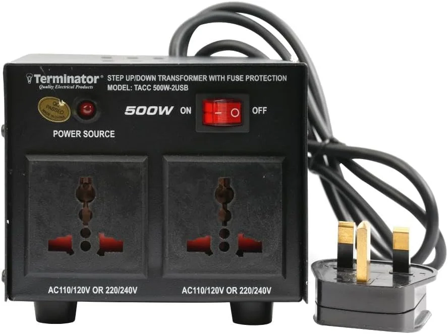مبدل ولتاژ 500 وات ترمیناتور با 2 پورت USB | ترانسفورماتور AC افزاینده و کاهنده | دوشاخه 3 پین UK | 2 پریز جهانی | نشانگر LED | کلید روشن/خاموش | آداپتور برق مسافرتی مبدل ولتاژ 500 وات ترمیناتور با 2 پورت USB | ترانسفورماتور AC افزاینده و کاهنده | دوشاخه 3 پین UK | 2 پریز جهانی | نشانگر LED | کلید روشن/خاموش | آداپتور برق مسافرتی