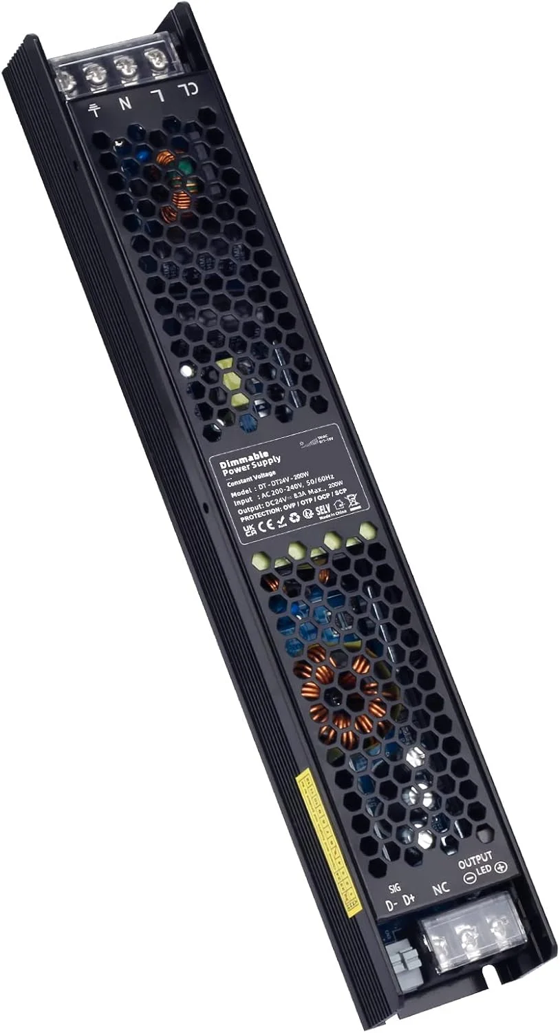 ترانسفورماتور LED واریکارت، AC 230 ولت به DC 24 ولت 8300 میلی آمپر 200 وات، درایور LED دیمر شونده الکترونیکی ولتاژ پایین، منبع تغذیه سوئیچینگ ولتاژ ثابت - TRIAC و 0/1-10 ولت، بدون سوسو زدن، بدون نویز