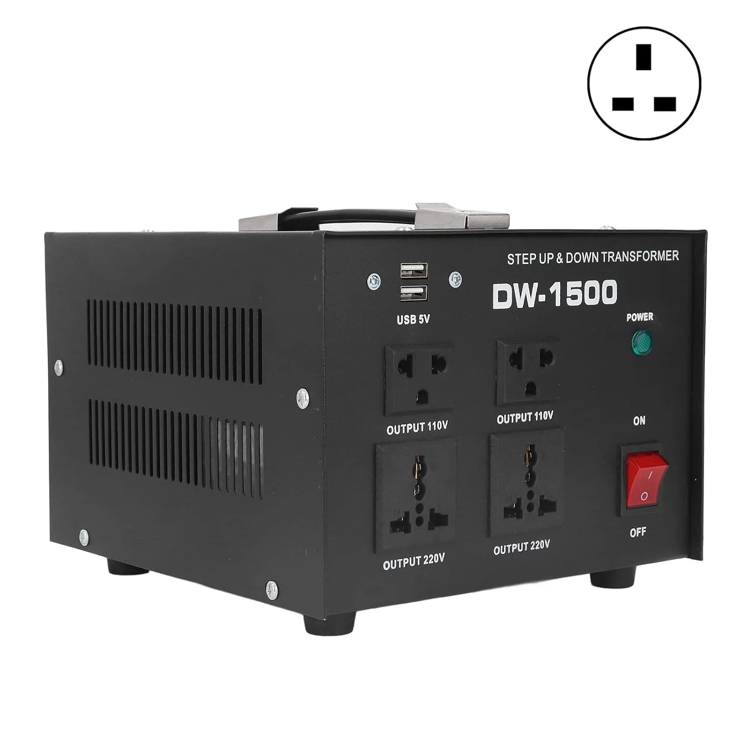 مبدل ولتاژ 1500 واتی Jiawu، مبدل برق AC افزاینده/کاهنده قابل تنظیم، مبدل ولتاژ 110 ولت به 220 ولت / 220 ولت به 110 ولت، با پورت های خروجی USB 5 ولت، اتصال کوتاه (پلاگین UK)