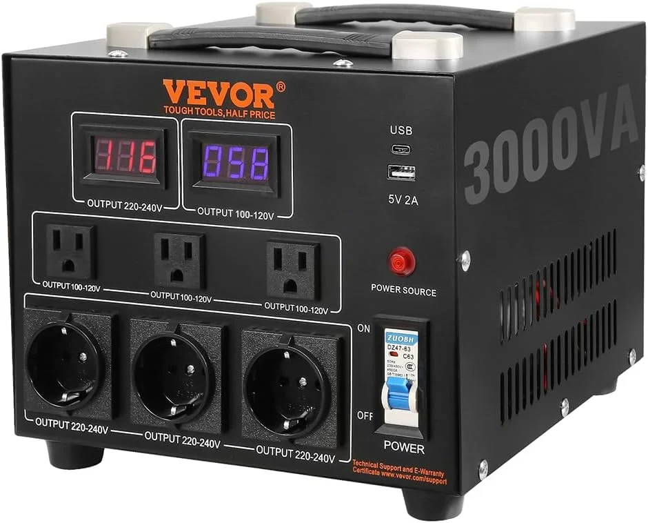 ترانسفورماتور مبدل ولتاژ VEVOR، 3000 وات، ترانسفورماتور افزاینده/کاهنده سنگین، تبدیل از 110 ولت به 220 ولت و از 220 ولت به 110 ولت، با پریز US، پریز EU، پورت USB 5 ولت، دارای گواهینامه CE