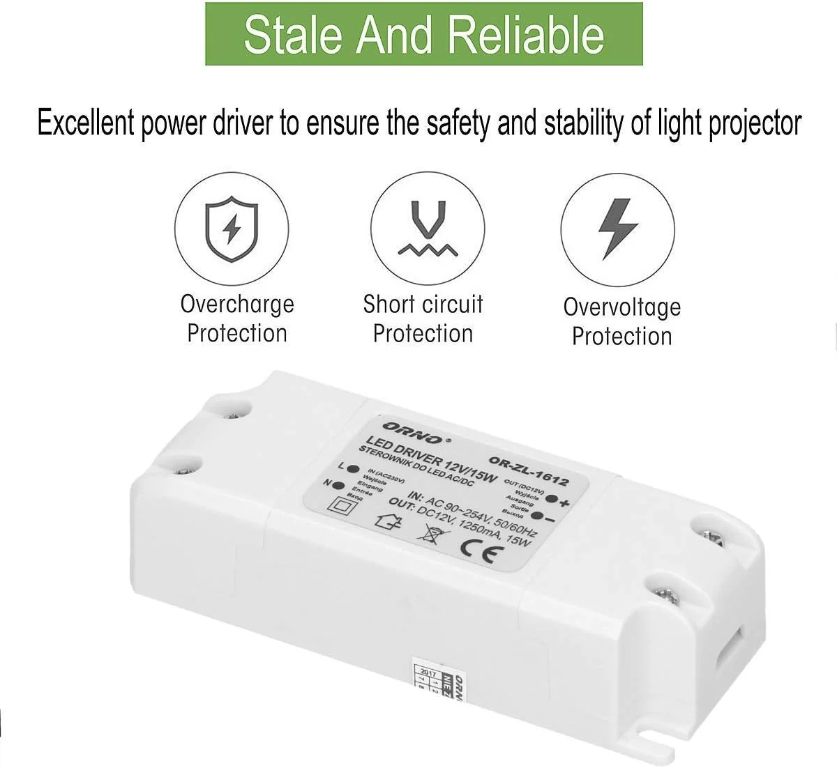 ترانسفورماتور LED اورنو 12 ولت (90 ولت - 254 ولت به 12 ولت) برای لامپ LED G4 MR11 MR16 GU5.3 یا درایور نوار نور (6 وات - 50 وات)، IP20