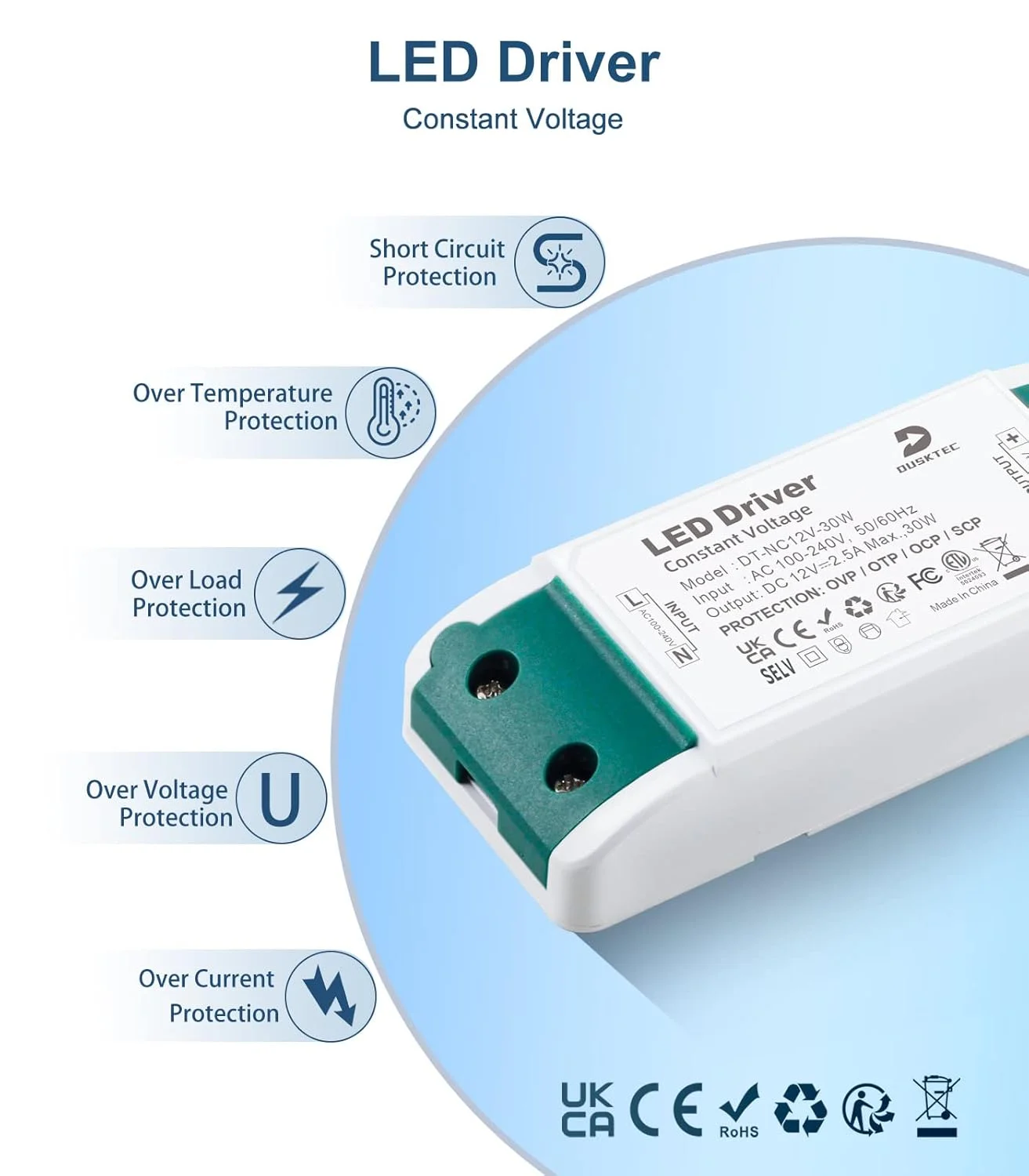 ترانسفورماتور DUSKTEC از 230 ولت AC به 24 ولت DC، ترانسفورماتور LED 24 ولت، منبع تغذیه LED درایور 30 وات، منبع تغذیه سوئیچینگ AC/DC، ترانسفورماتور ولتاژ پایین ولتاژ ثابت برای لامپ های LED MR16 GU5.3 MR11 G4