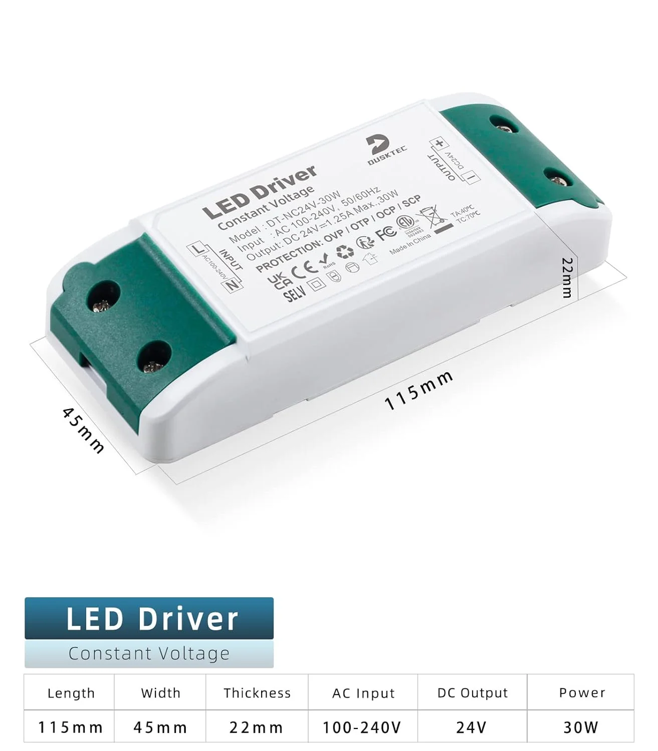 ترانسفورماتور DUSKTEC از 230 ولت AC به 24 ولت DC، ترانسفورماتور LED 24 ولت، منبع تغذیه LED درایور 30 وات، منبع تغذیه سوئیچینگ AC/DC، ترانسفورماتور ولتاژ پایین ولتاژ ثابت برای لامپ های LED MR16 GU5.3 MR11 G4