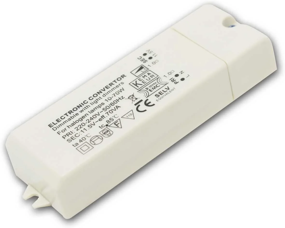 ترانس هالوژن MAXTRACK Transmedia LT1L، 230/12 ولت، 20-60 وات، محافظت در برابر اضافه بار، محافظت در برابر دما، غیر دیمر، 115 x 43 x 28 میلی متر