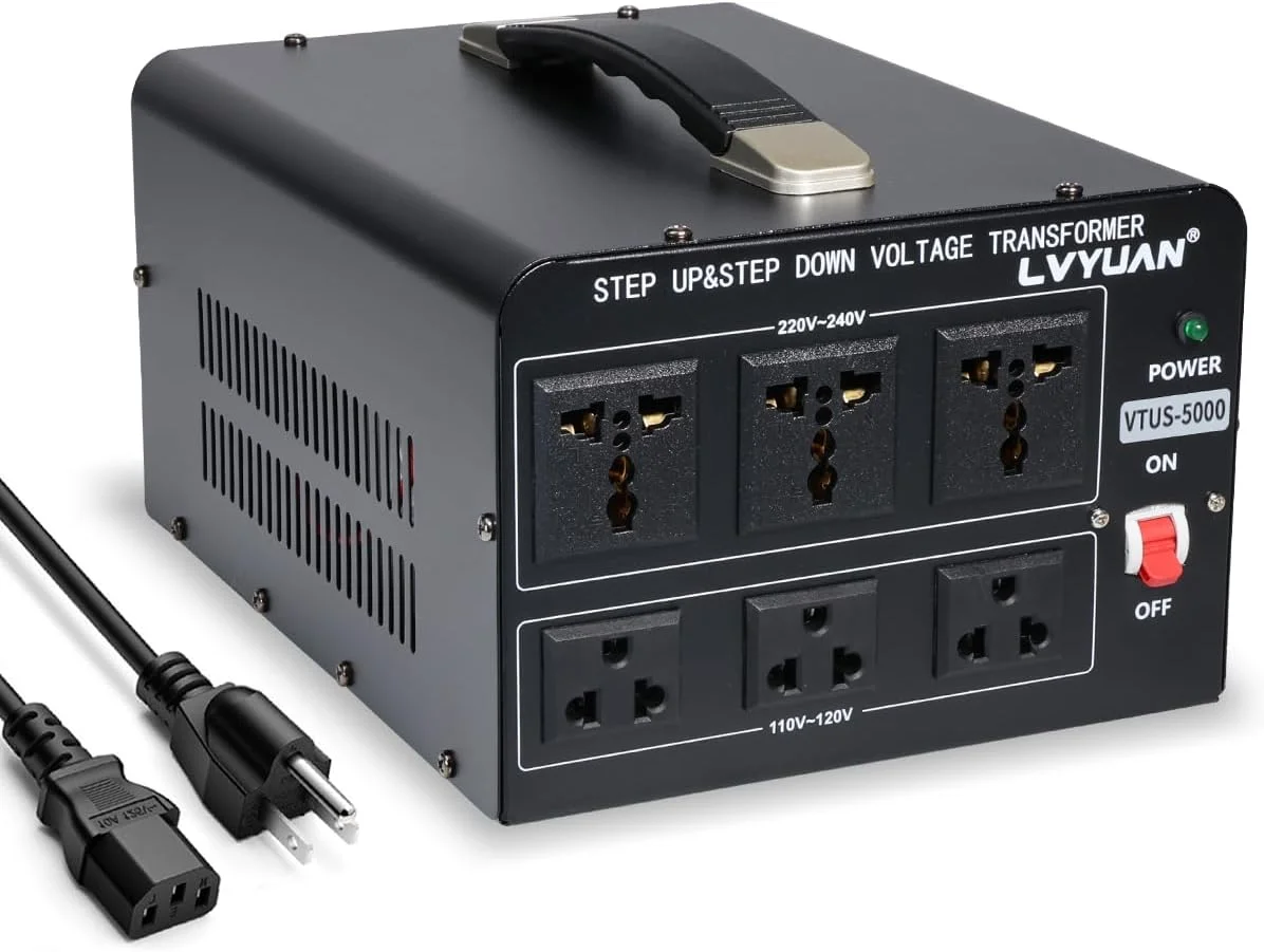 مبدل ولتاژ 5000 وات LVYUAN، ترانسفورماتور سنگین افزاینده/کاهنده AC 110V/120V/220V/240V با 3 پریز آمریکایی، 3 پریز جهانی، محافظ قطع کننده مدار قابل تنظیم مجدد