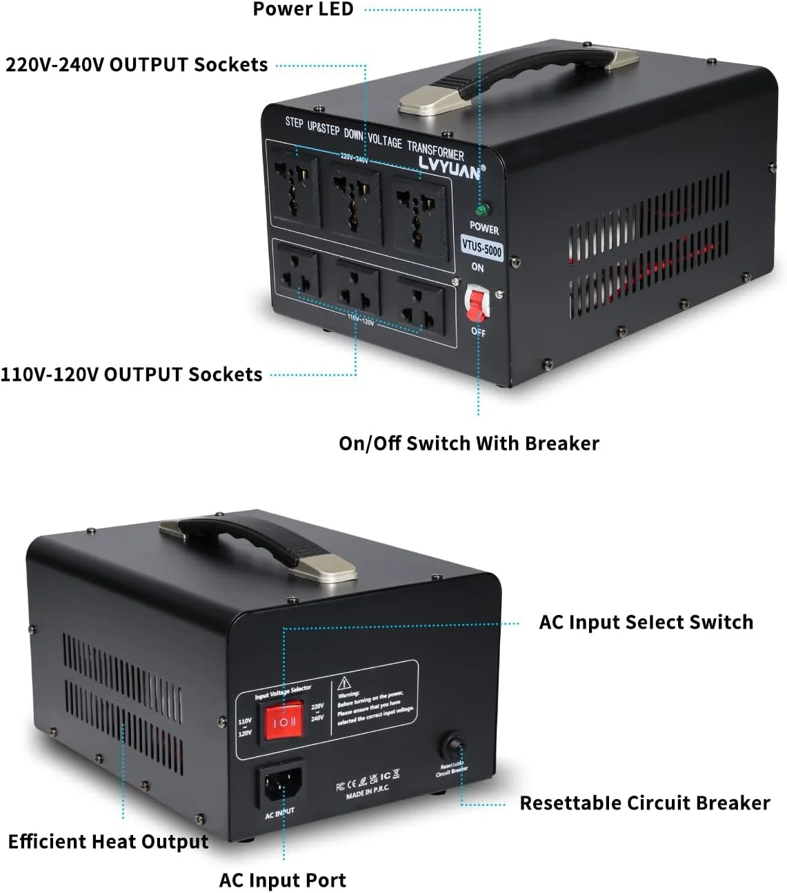 مبدل ولتاژ 5000 وات LVYUAN، ترانسفورماتور سنگین افزاینده/کاهنده AC 110V/120V/220V/240V با 3 پریز آمریکایی، 3 پریز جهانی، محافظ قطع کننده مدار قابل تنظیم مجدد